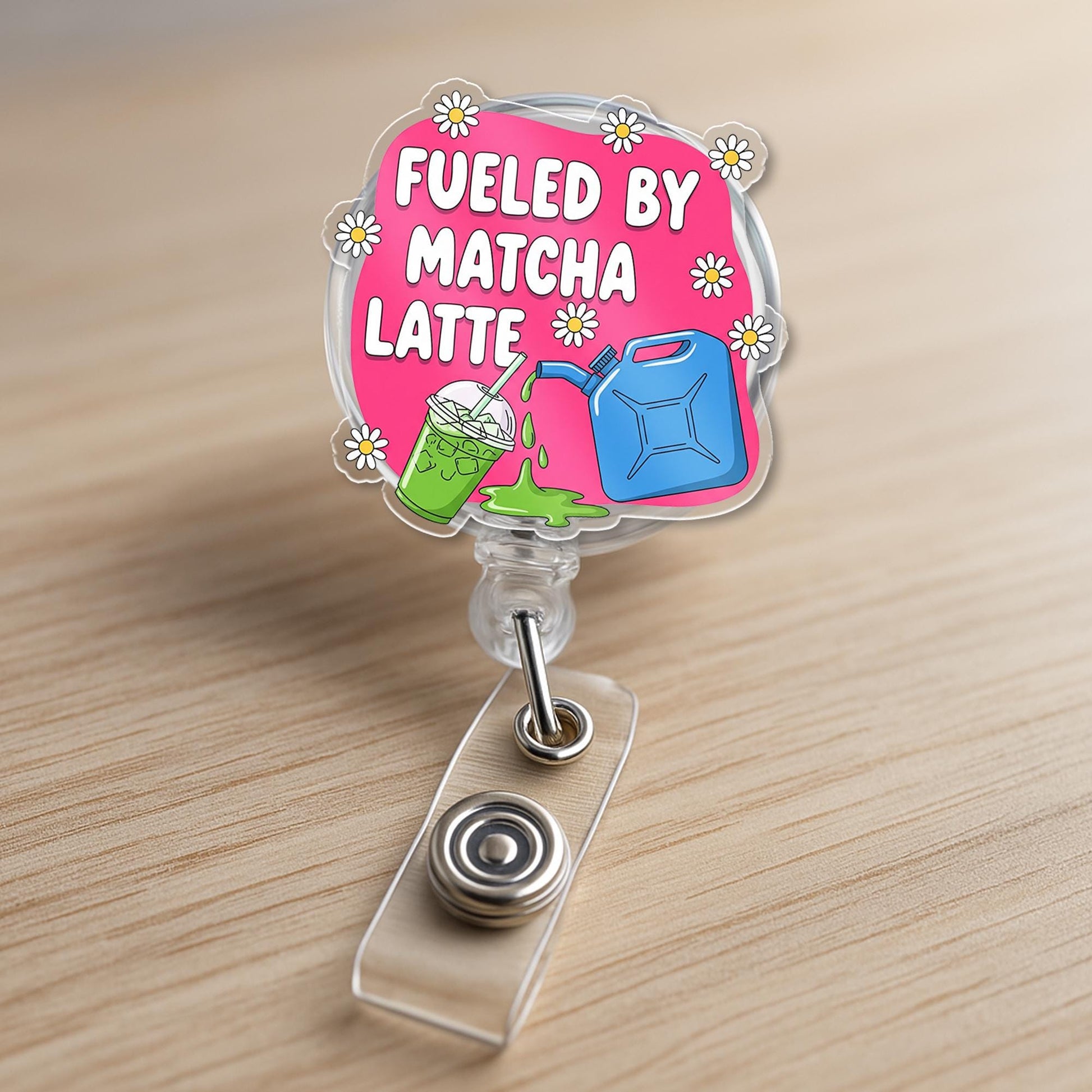 Fueled by Matcha Latte Badge Reel | Cute ID Holder for Nurses, Teachers, and Matcha Lovers | Funny Work Accessory, Workplace Badge Clip