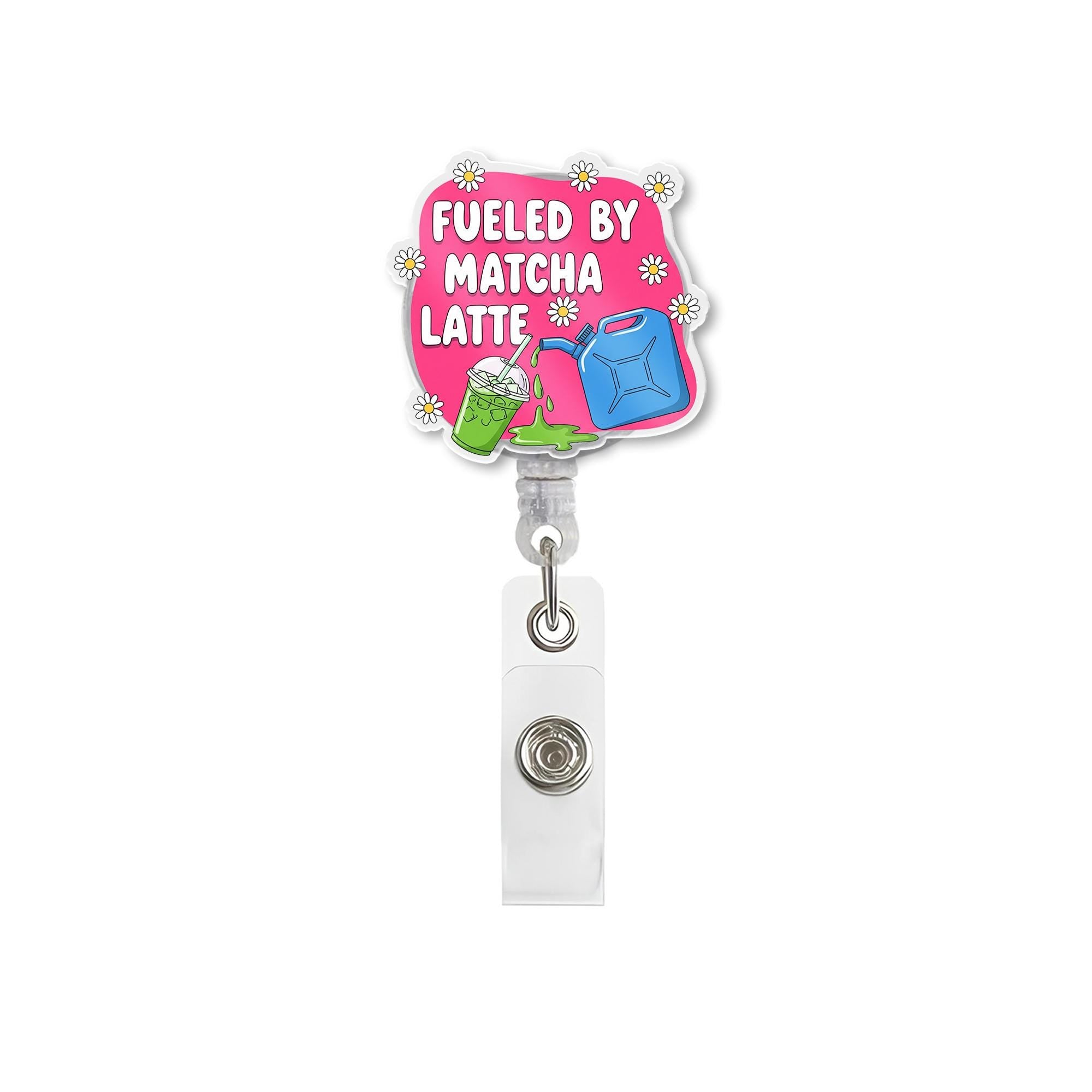Fueled by Matcha Latte Badge Reel | Cute ID Holder for Nurses, Teachers, and Matcha Lovers | Funny Work Accessory, Workplace Badge Clip