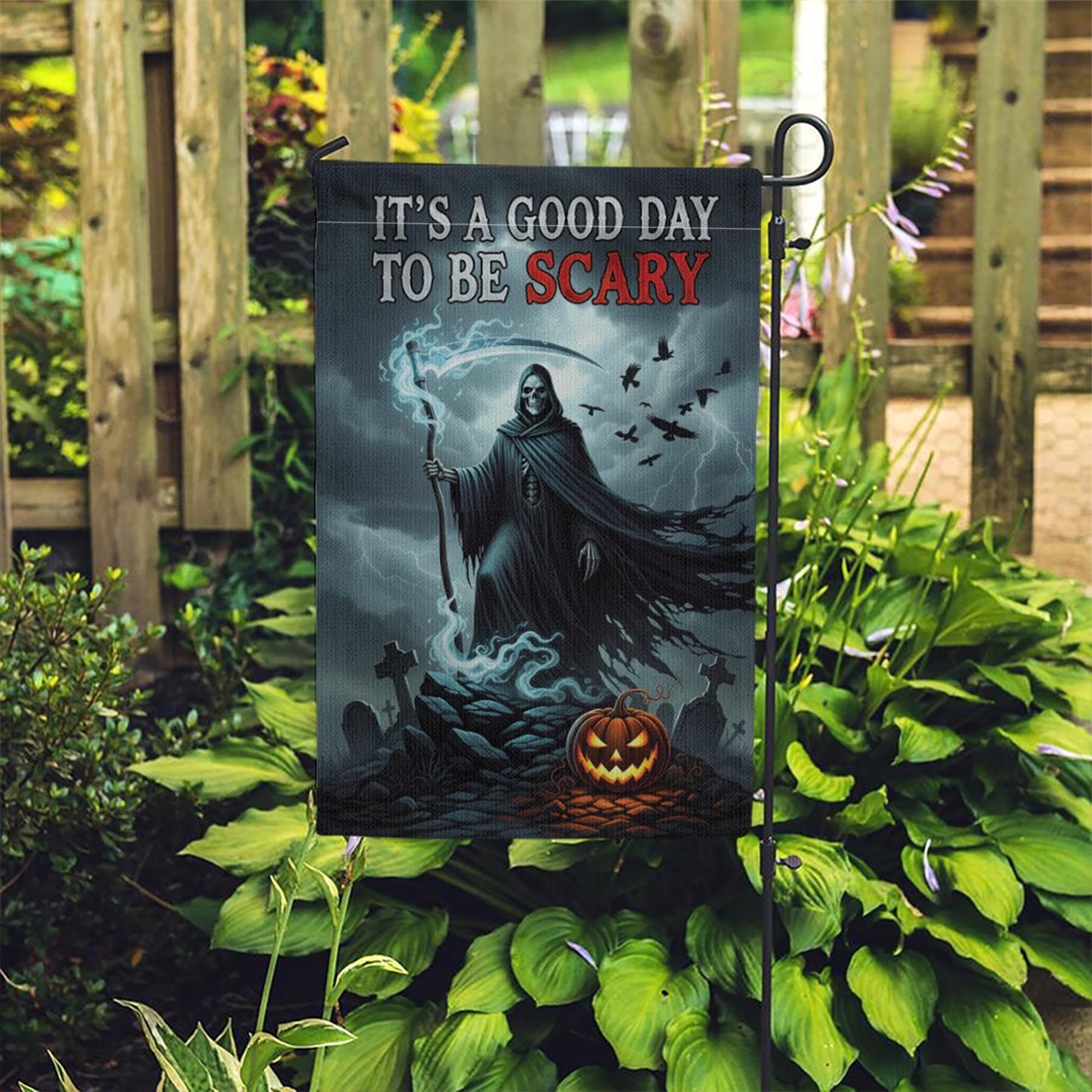 Grim Reaper Halloween Garden Flag - It's a Good Day to Be Scary - Spooky Yard Sign - Gothic Outdoor Fall Decor