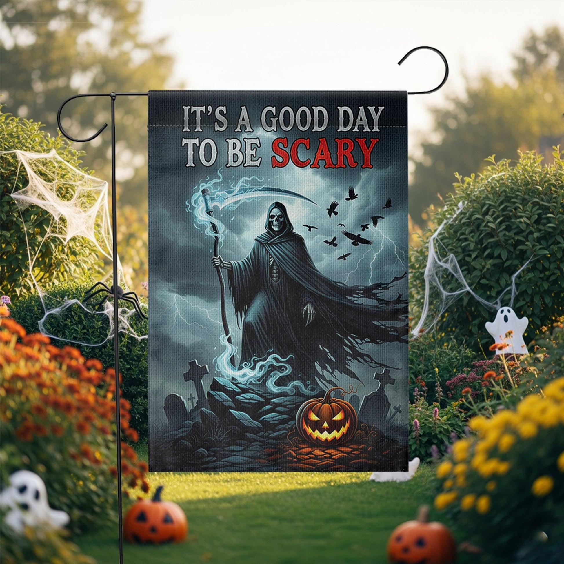 Grim Reaper Halloween Garden Flag - It's a Good Day to Be Scary - Spooky Yard Sign - Gothic Outdoor Fall Decor