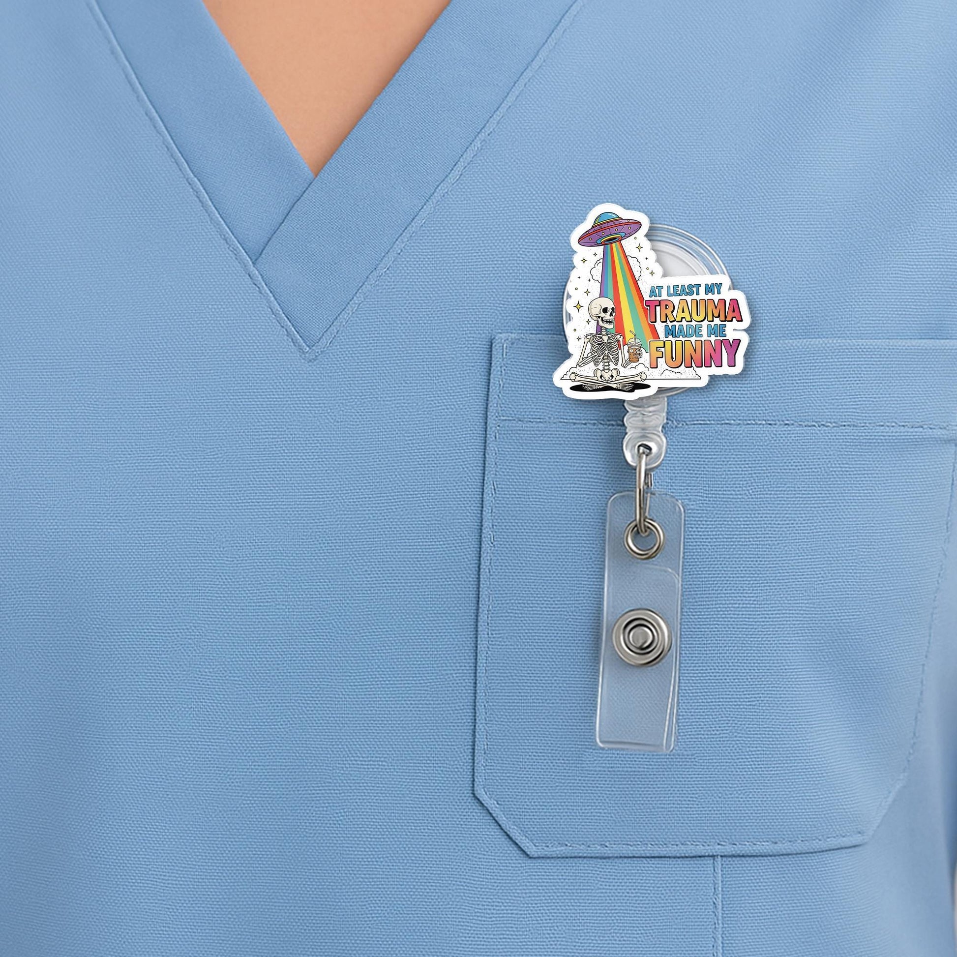 Funny Skeleton Badge Reel | At Least My Trauma Made Me Funny | UFO Rainbow ID Holder for Nurses, Teachers, Coworkers, Mental Health Humor