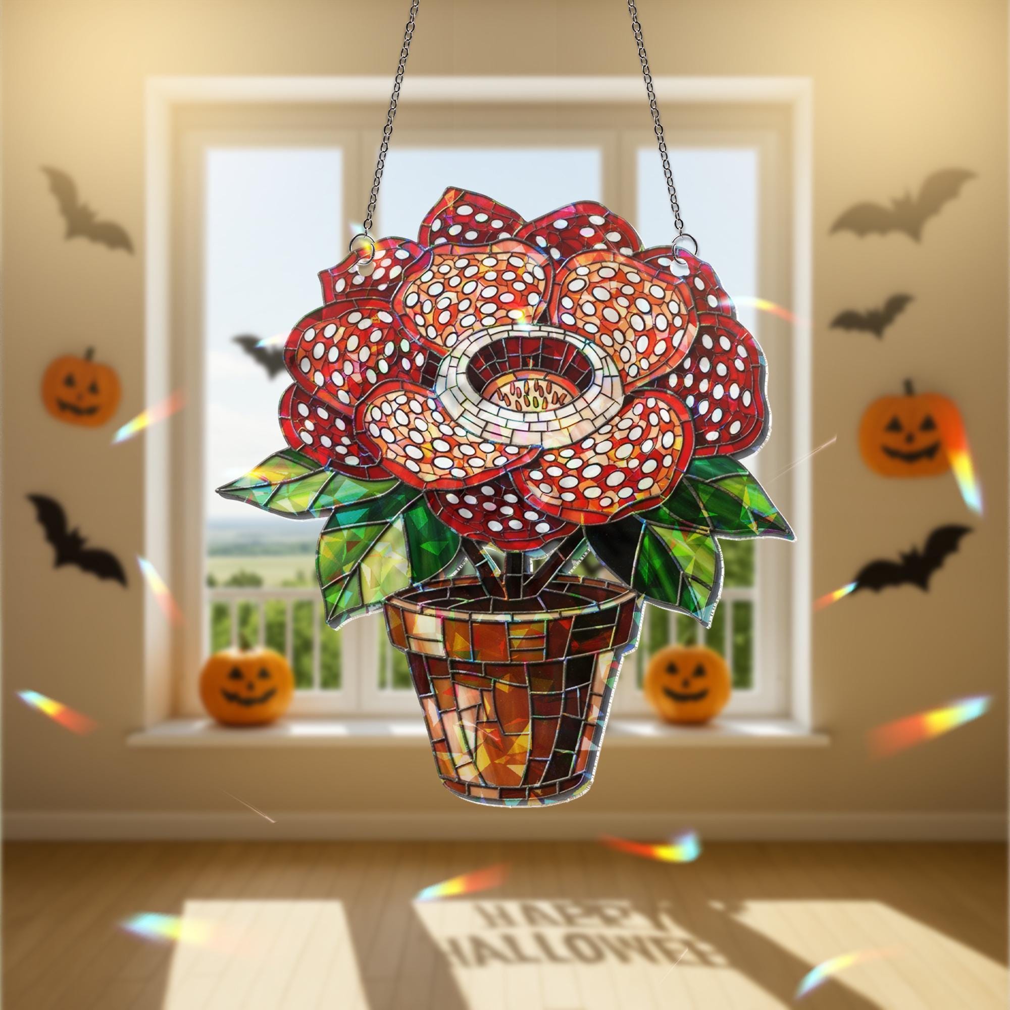 Spooky Rafflesia Flower Acrylic Suncatcher, Halloween Window Decor, Creepy Floral Hologram, Gothic Hanging Plant Ornament