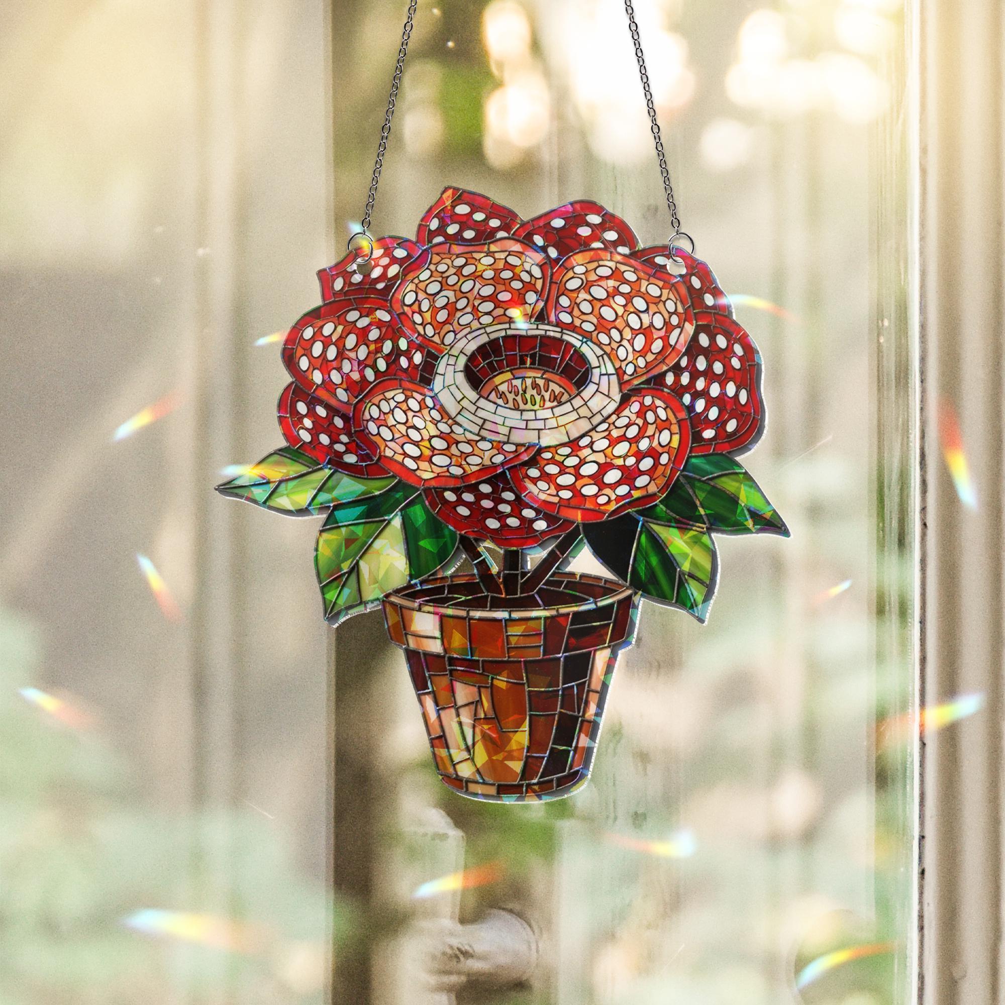 Spooky Rafflesia Flower Acrylic Suncatcher, Halloween Window Decor, Creepy Floral Hologram, Gothic Hanging Plant Ornament