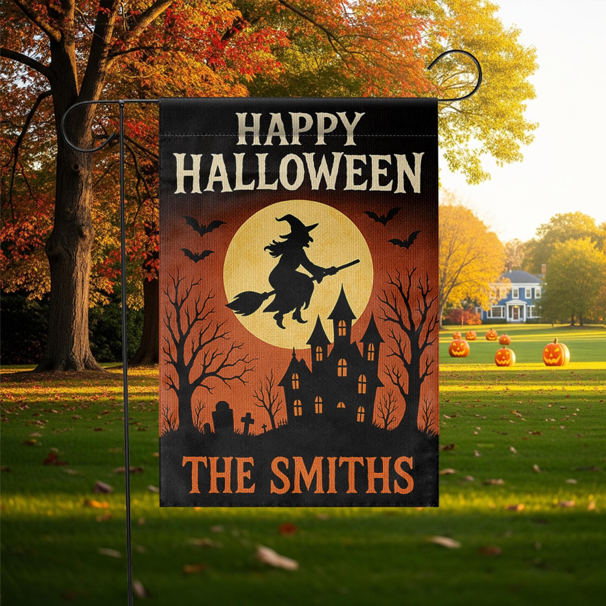 Halloween Garden Flag, Personalized Witch Yard Decor, Custom Fall Yard Sign, Spooky Haunted House Flag, Outdoor Halloween Decor