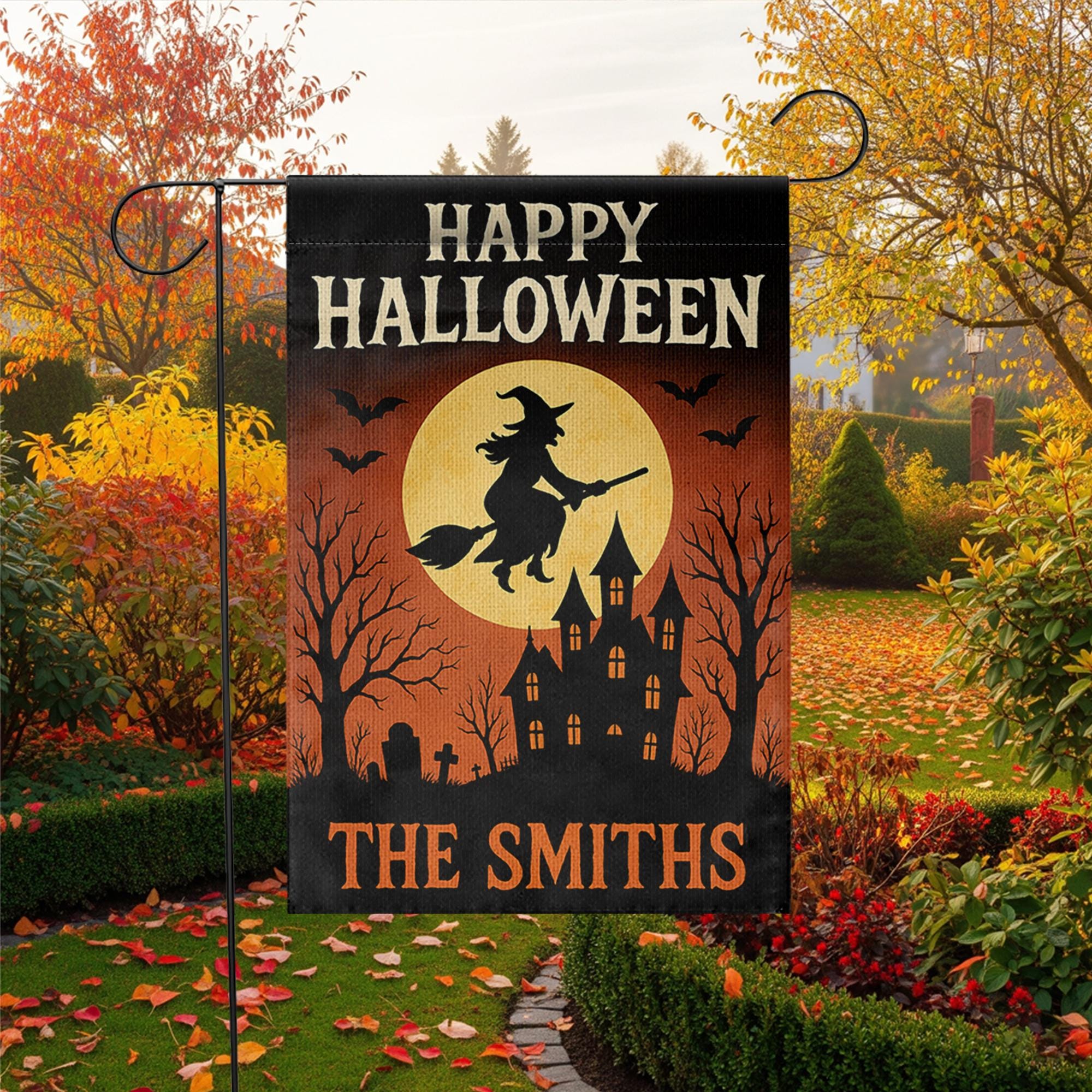 Halloween Garden Flag, Personalized Witch Yard Decor, Custom Fall Yard Sign, Spooky Haunted House Flag, Outdoor Halloween Decor