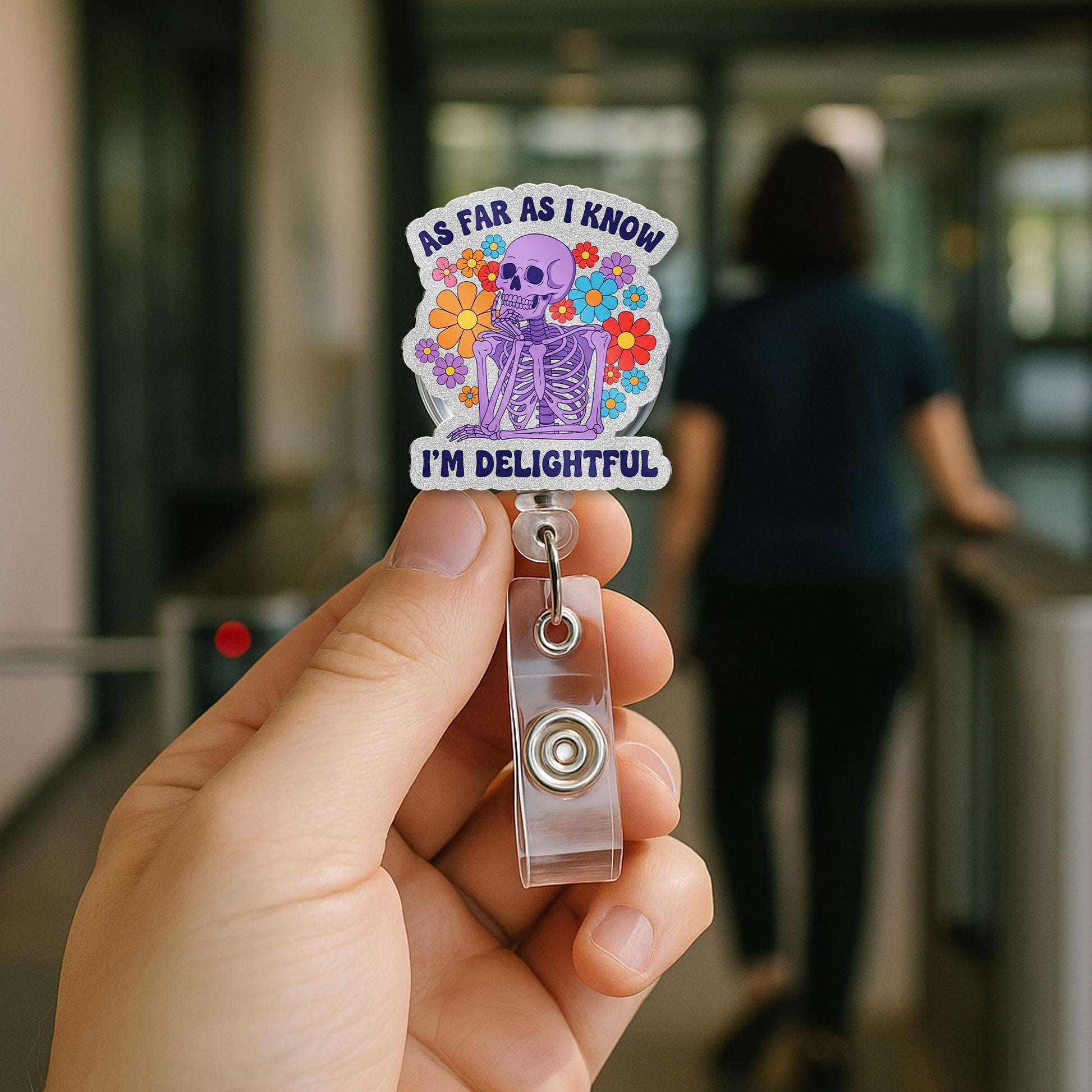 Funny Skeleton Badge Reel | As Far As I Know I'm Delightful Badge Clip, Cute Floral ID Holder for Nurses, Teachers, Coworkers, Sassy Teacher