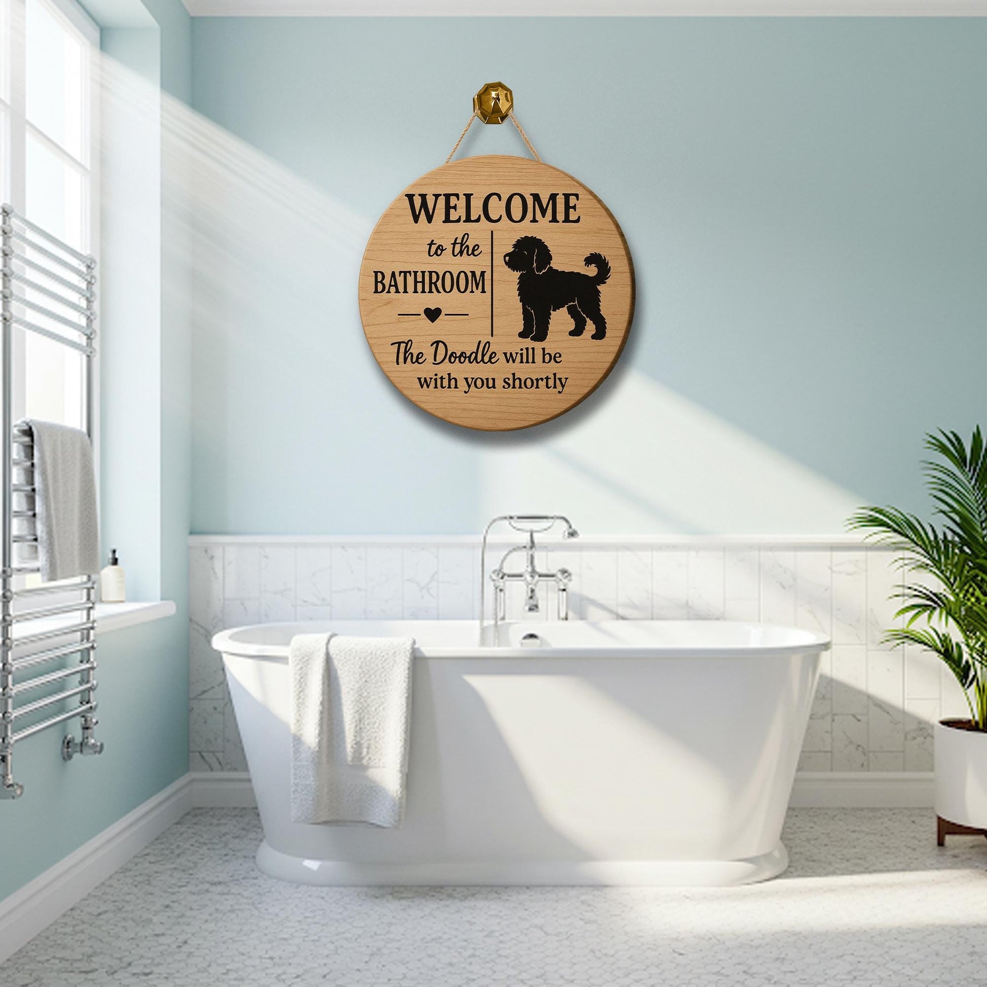 Funny Bathroom Sign with Doodle Dog, Welcome Bathroom Decor, Rustic Wood Wall Plaque, Pet Lover Gift, Doodle Humor Sign, Funny Bathroom Sign
