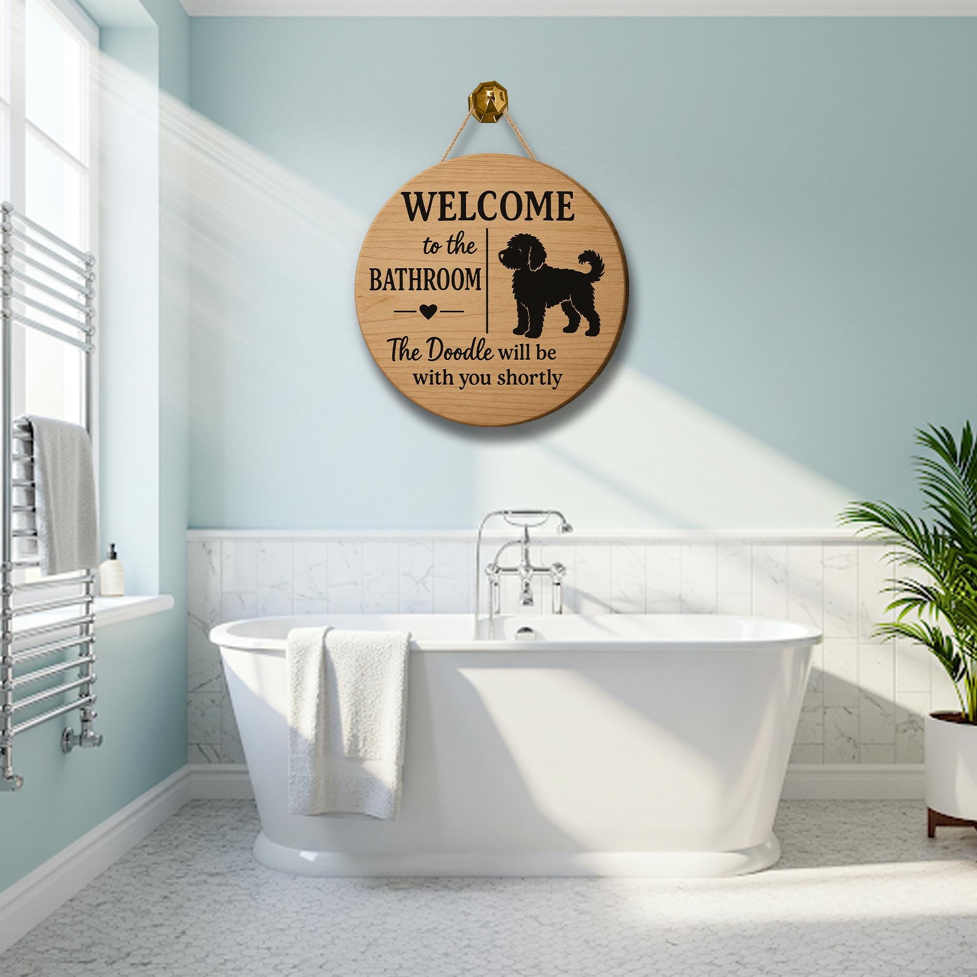 Funny Bathroom Sign with Doodle Dog, Welcome Bathroom Decor, Rustic Wood Wall Plaque, Pet Lover Gift, Doodle Humor Sign, Funny Bathroom Sign