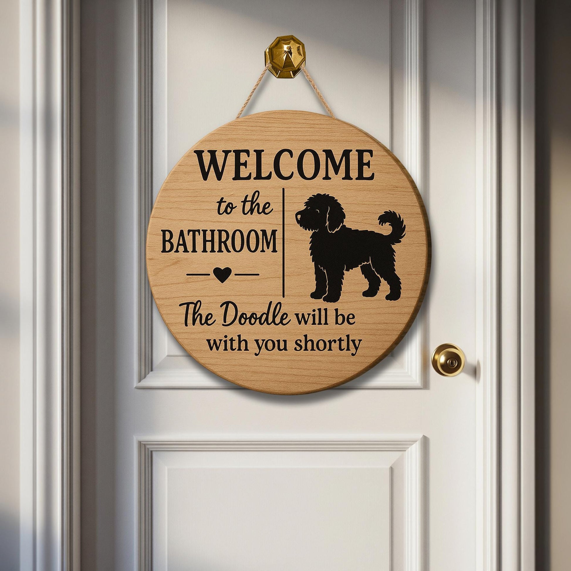 Funny Bathroom Sign with Doodle Dog, Welcome Bathroom Decor, Rustic Wood Wall Plaque, Pet Lover Gift, Doodle Humor Sign, Funny Bathroom Sign
