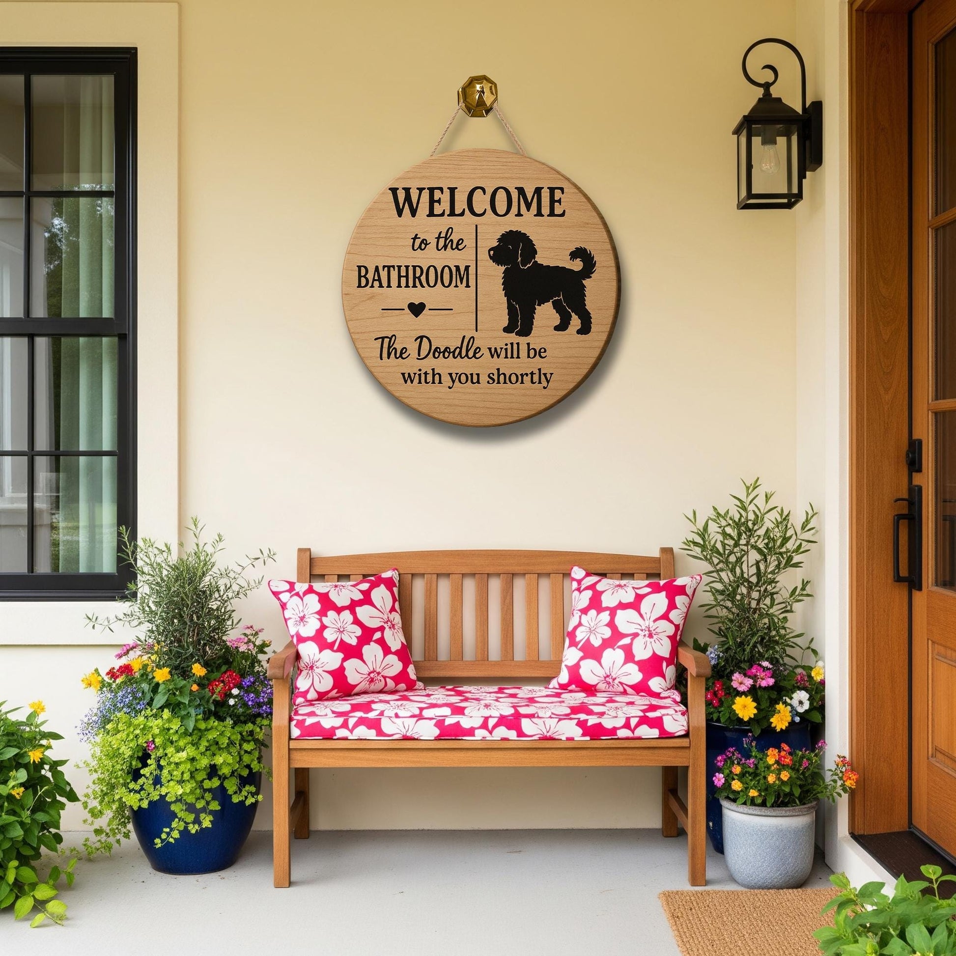 Funny Bathroom Sign with Doodle Dog, Welcome Bathroom Decor, Rustic Wood Wall Plaque, Pet Lover Gift, Doodle Humor Sign, Funny Bathroom Sign