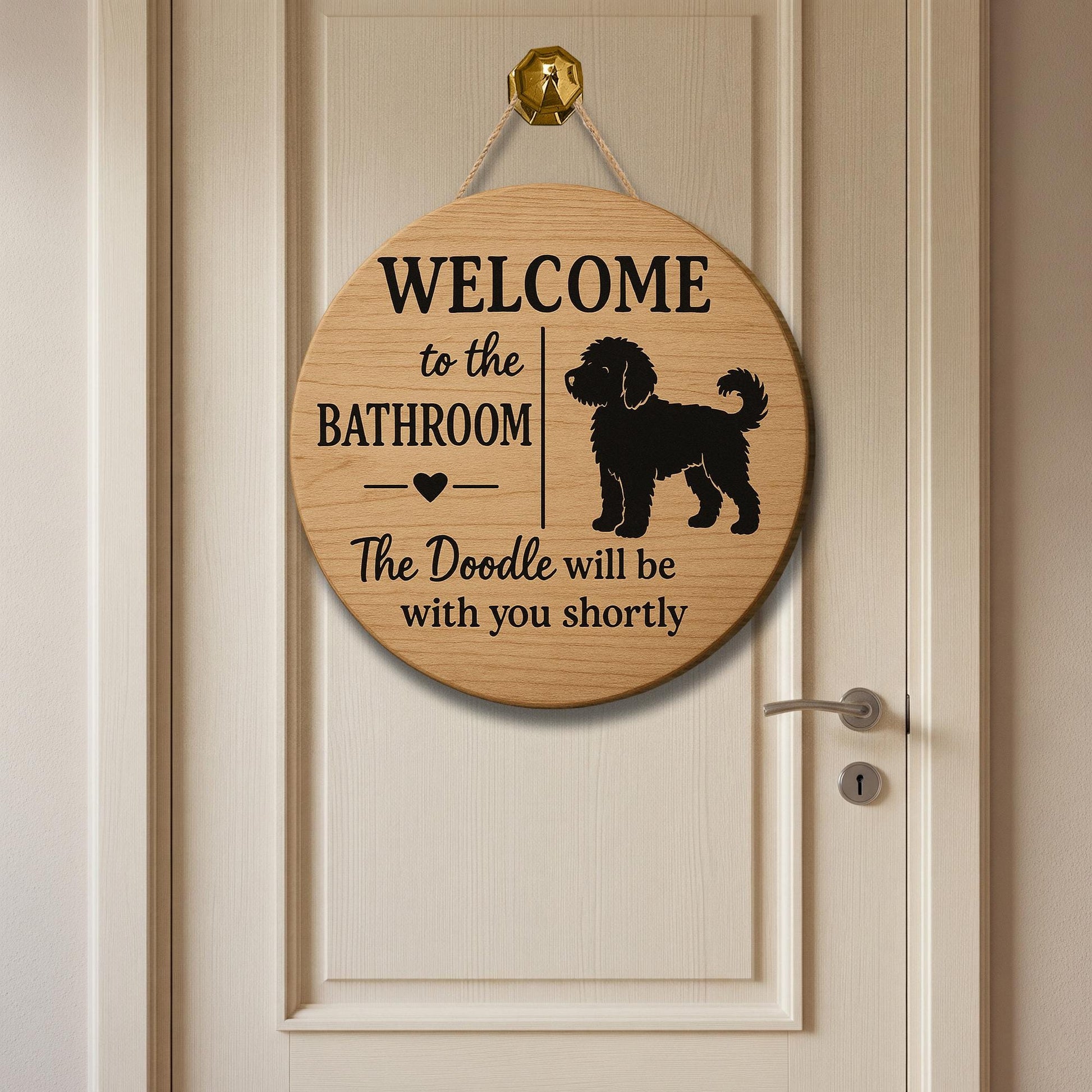 Funny Bathroom Sign with Doodle Dog, Welcome Bathroom Decor, Rustic Wood Wall Plaque, Pet Lover Gift, Doodle Humor Sign, Funny Bathroom Sign