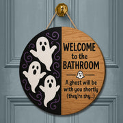 Funny Ghost Bathroom Sign, Halloween Bathroom Decor, Spooky Wood Door Sign, Haunted House Bathroom Wall Art, Cute Ghost Plaque