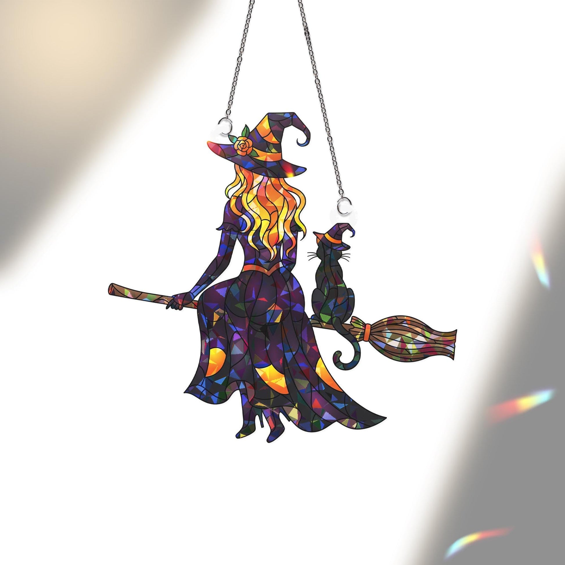 Witch  Acrylic Suncatcher Halloween Decor, Holographic Witch Window Hanging, Flying Witch Acrylic Ornament, Spooky Fall Home Decor