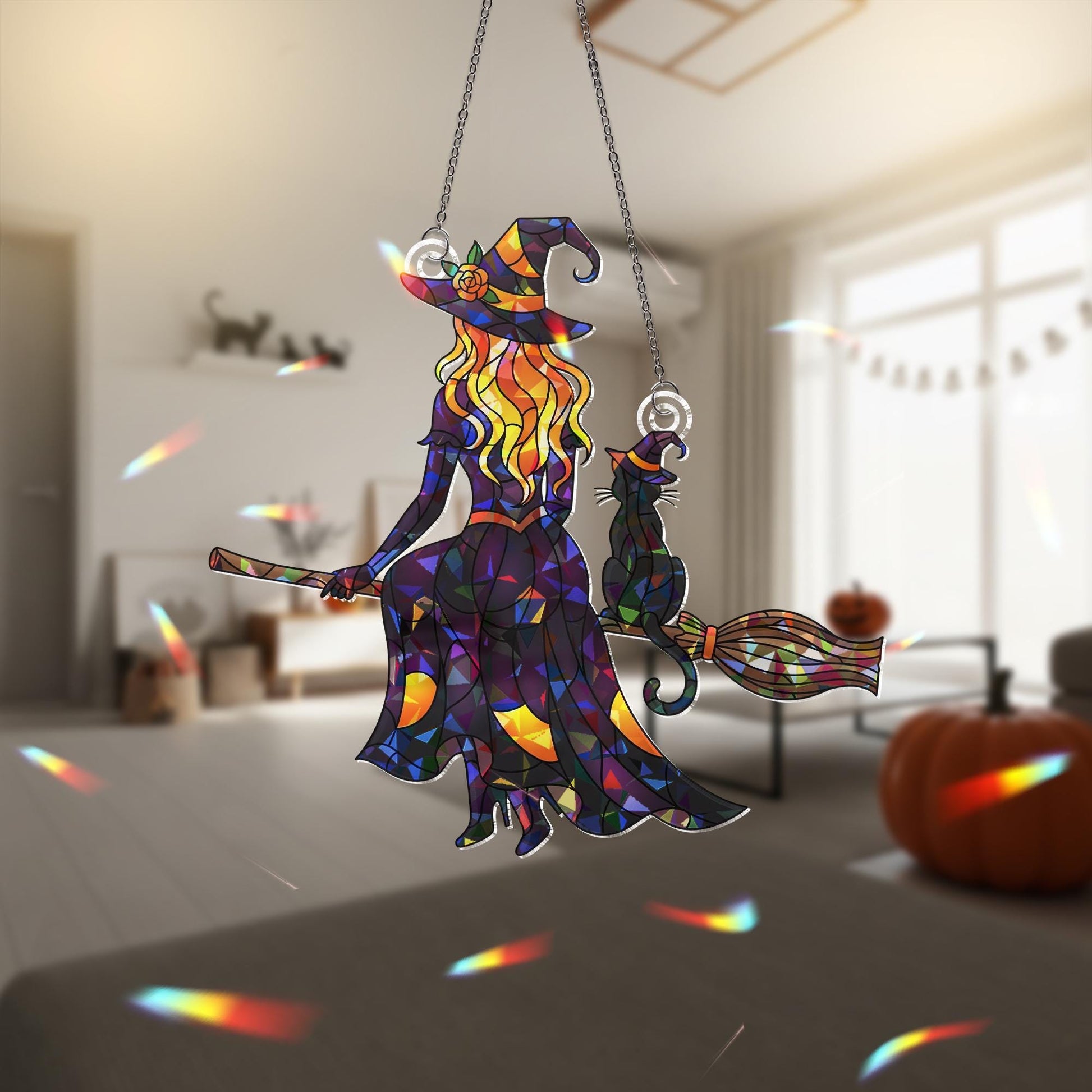 Witch  Acrylic Suncatcher Halloween Decor, Holographic Witch Window Hanging, Flying Witch Acrylic Ornament, Spooky Fall Home Decor