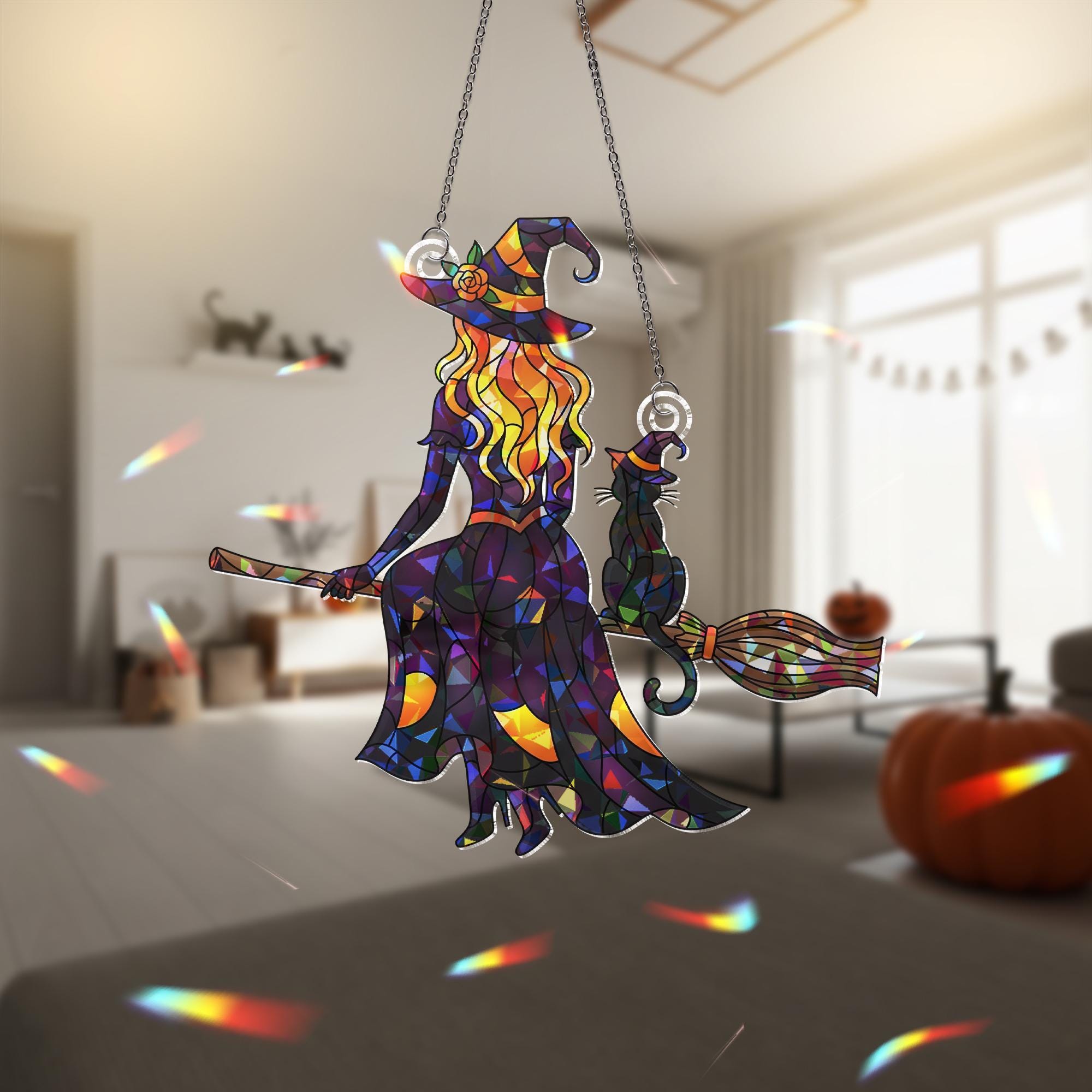 Witch  Acrylic Suncatcher Halloween Decor, Holographic Witch Window Hanging, Flying Witch Acrylic Ornament, Spooky Fall Home Decor
