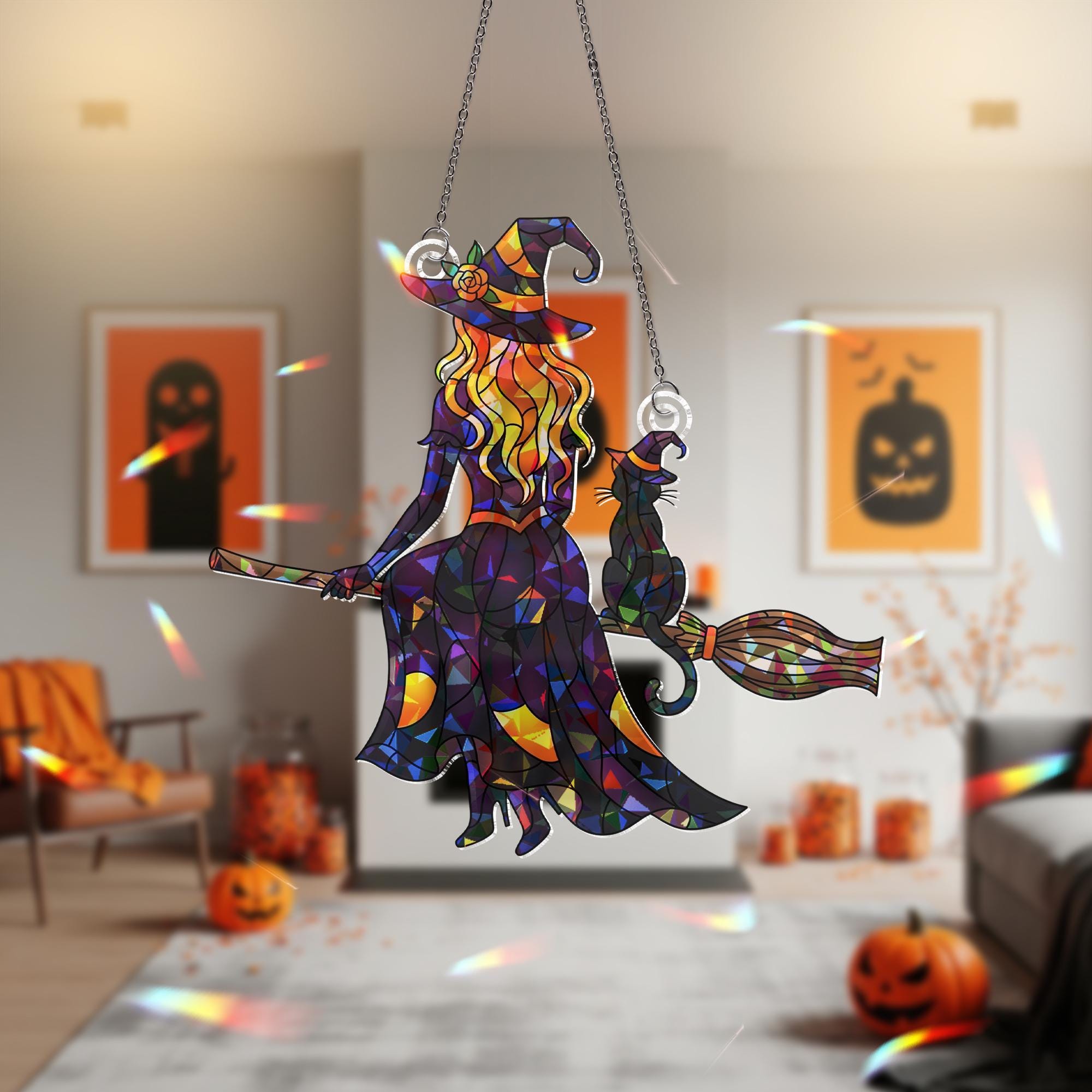 Witch  Acrylic Suncatcher Halloween Decor, Holographic Witch Window Hanging, Flying Witch Acrylic Ornament, Spooky Fall Home Decor