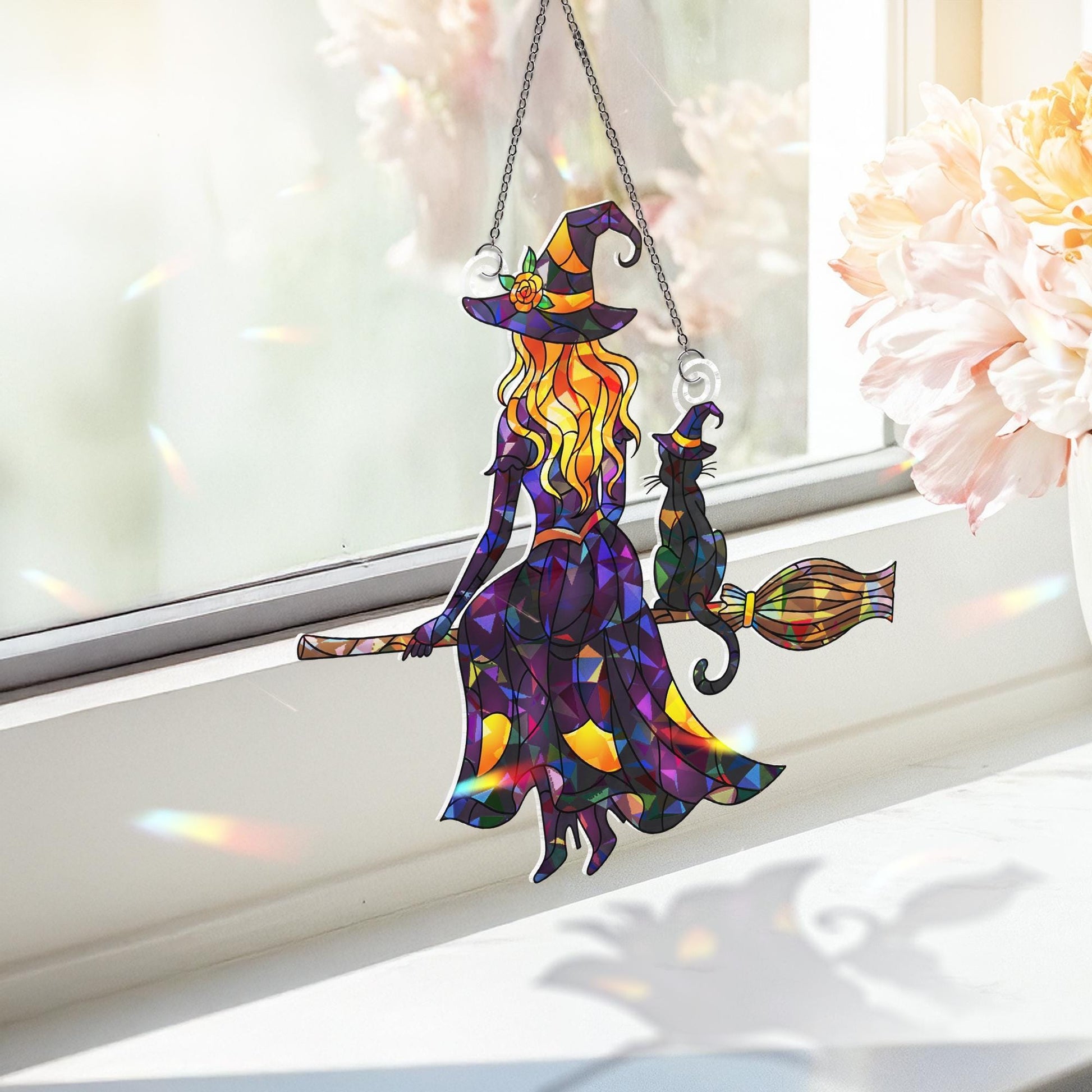 Witch  Acrylic Suncatcher Halloween Decor, Holographic Witch Window Hanging, Flying Witch Acrylic Ornament, Spooky Fall Home Decor