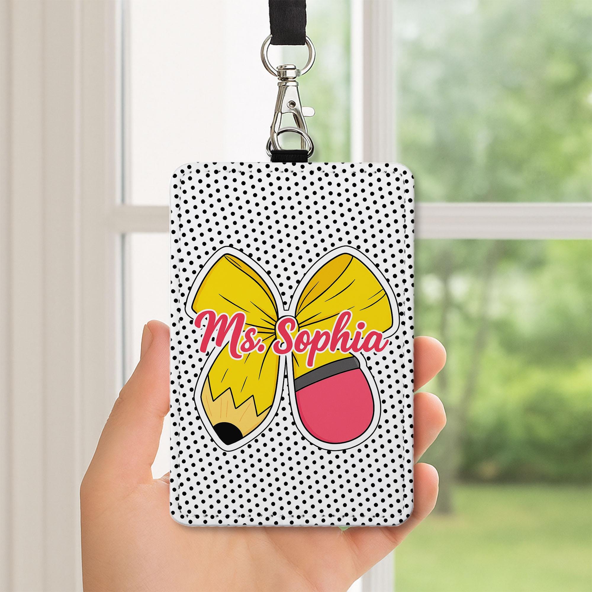 Personalized  Teacher Lanyard ID Badge Holder, Back to School Gift, Cute Pencil Bow Design, Custom Teacher Name Tag, Teacher ID Holder