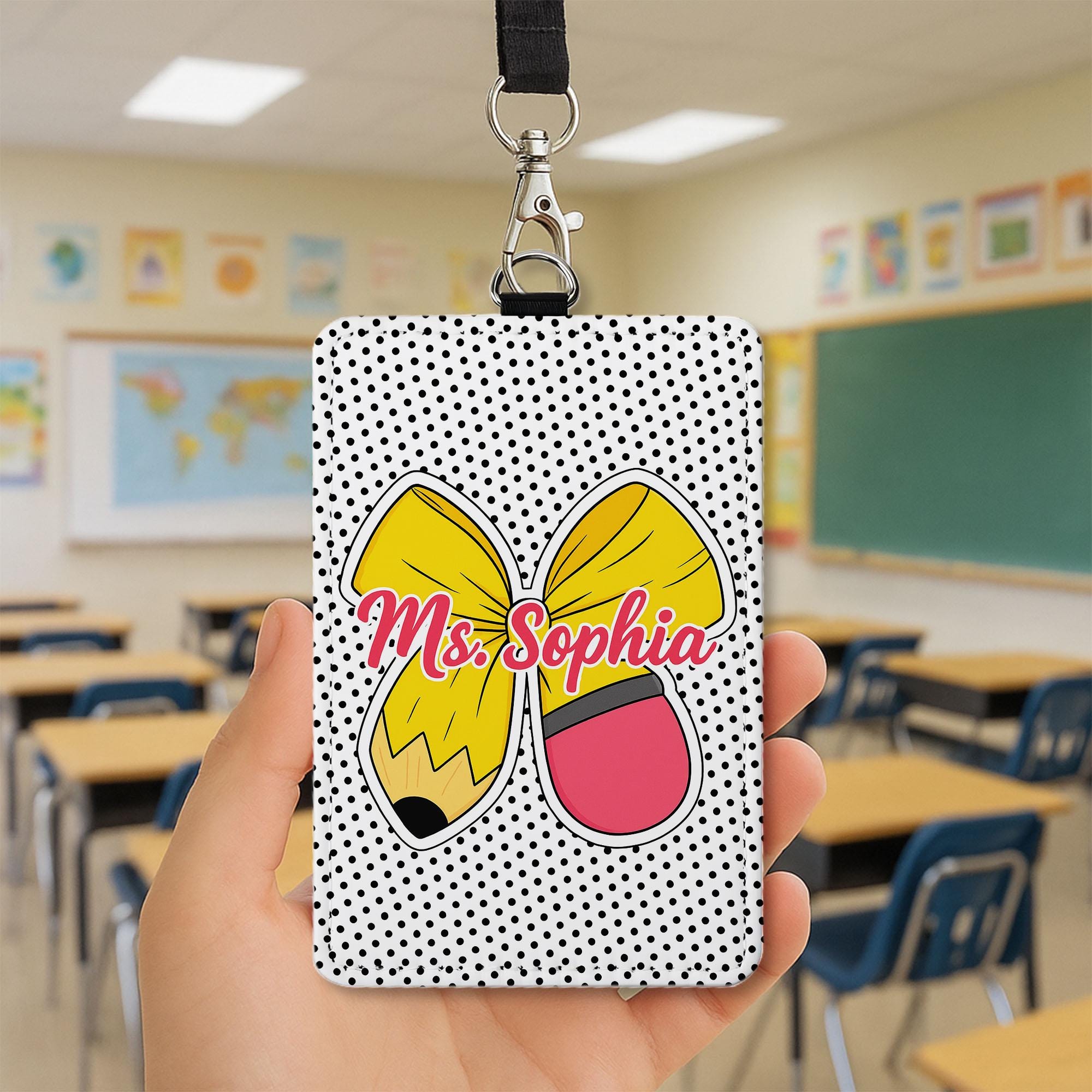 Personalized  Teacher Lanyard ID Badge Holder, Back to School Gift, Cute Pencil Bow Design, Custom Teacher Name Tag, Teacher ID Holder