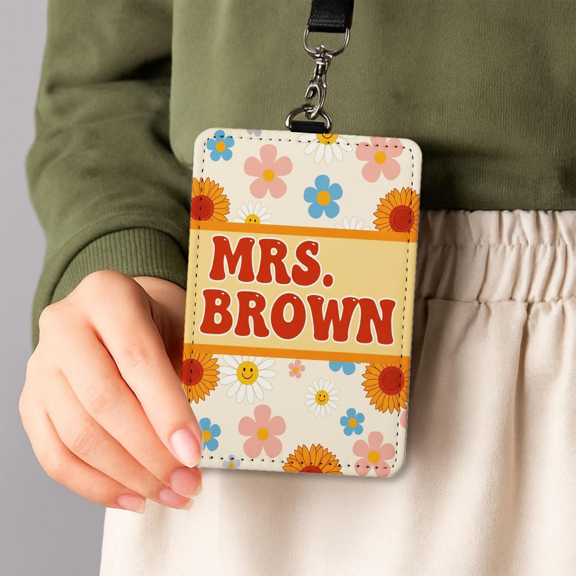 Retro Floral Teacher Badge Holder, Personalized Leather ID Tag, Cute Custom Name Lanyard, Back to School Gift for Teacher