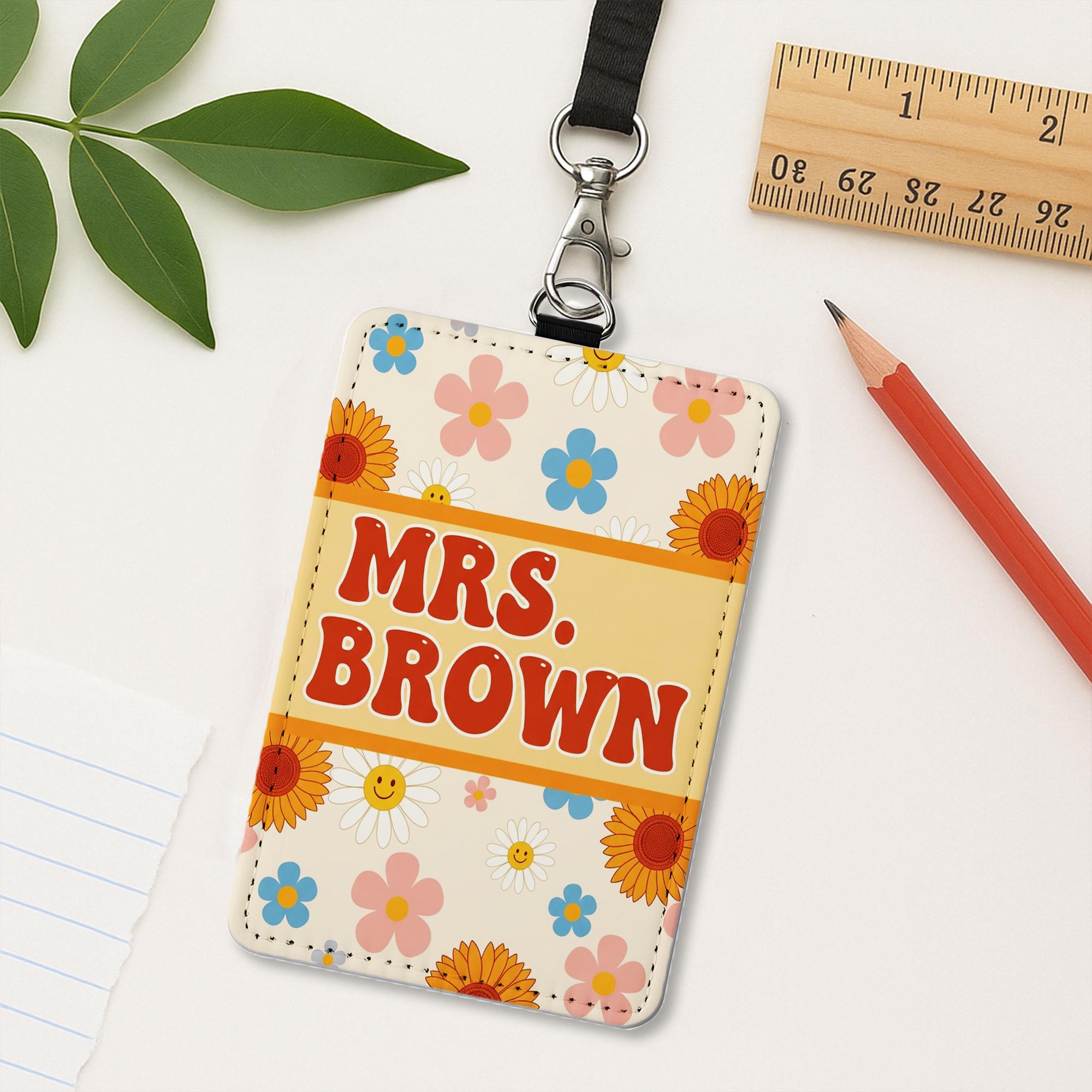 Retro Floral Teacher Badge Holder, Personalized Leather ID Tag, Cute Custom Name Lanyard, Back to School Gift for Teacher