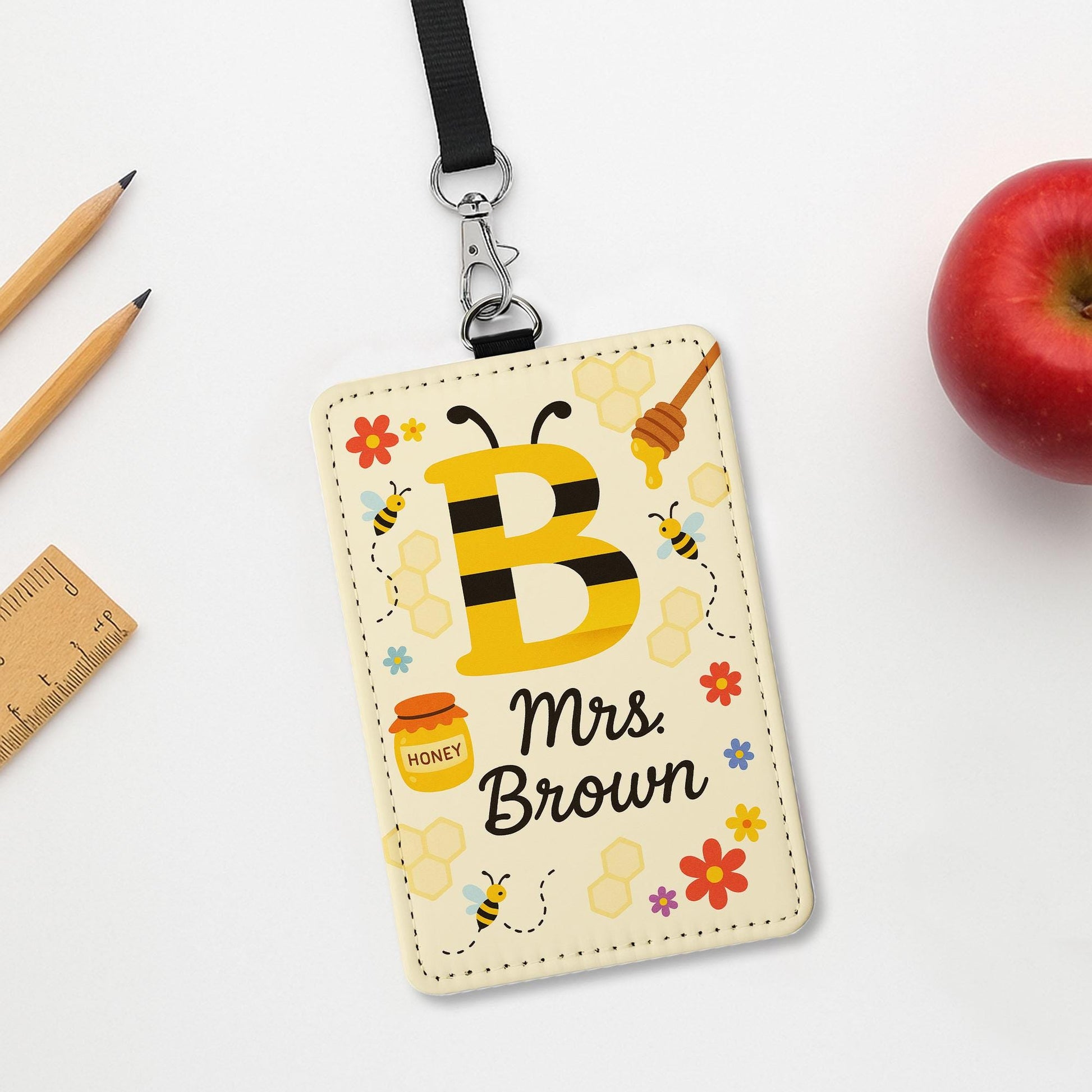 Bee Themed Teacher Badge Holder, Personalized Leather ID Tag, Cute Custom Back to School Gift, Teacher Honey Bee Lanyard