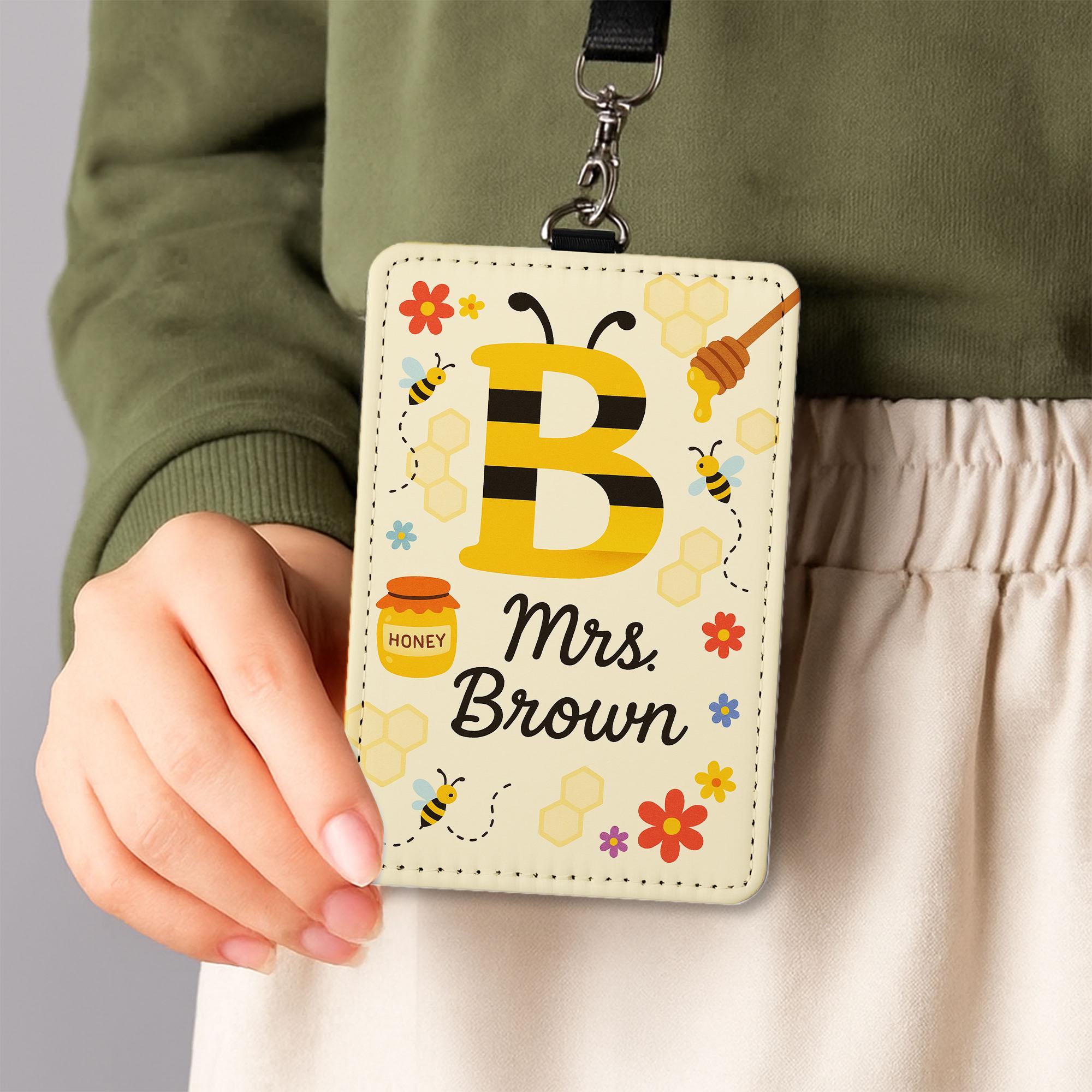 Bee Themed Teacher Badge Holder, Personalized Leather ID Tag, Cute Custom Back to School Gift, Teacher Honey Bee Lanyard