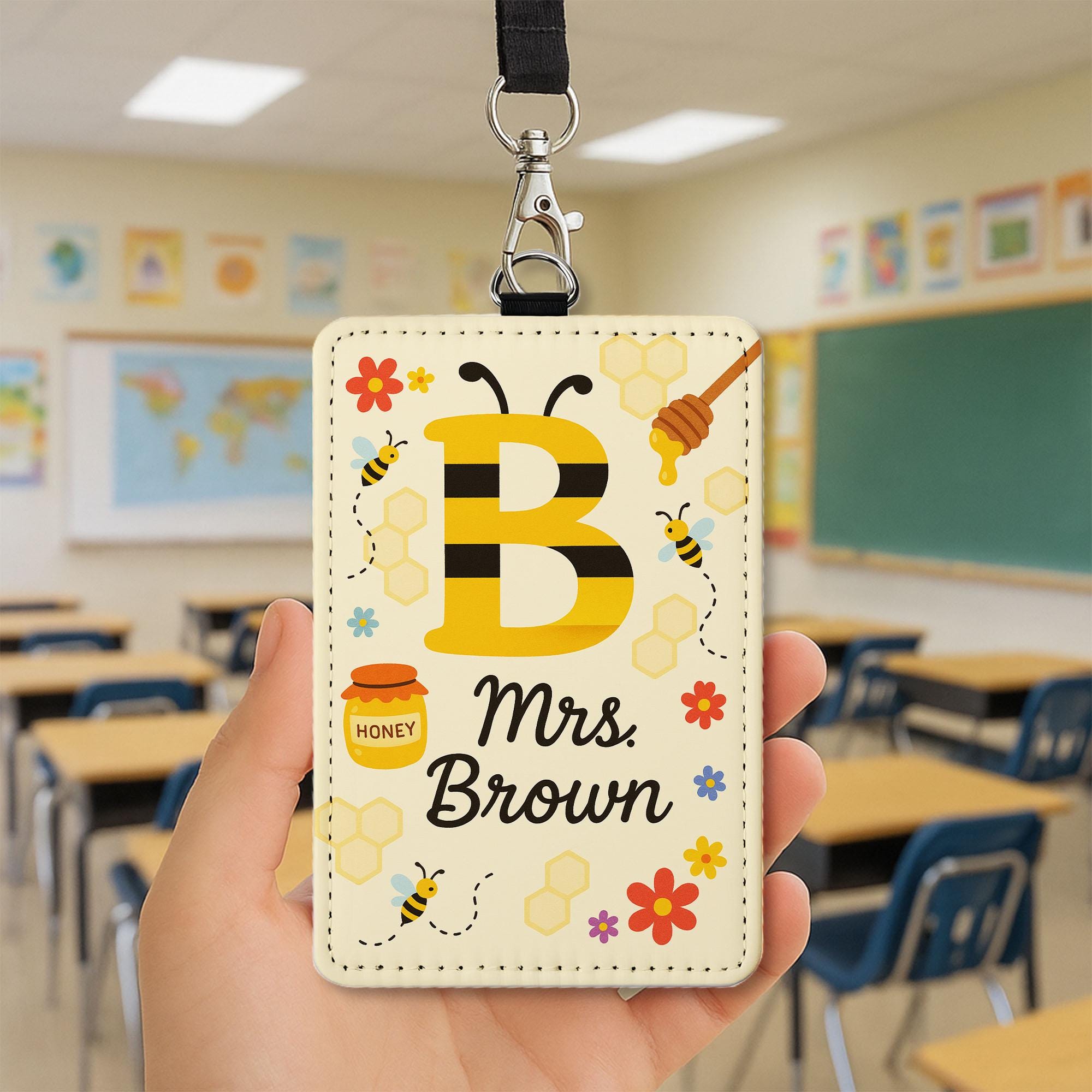 Bee Themed Teacher Badge Holder, Personalized Leather ID Tag, Cute Custom Back to School Gift, Teacher Honey Bee Lanyard