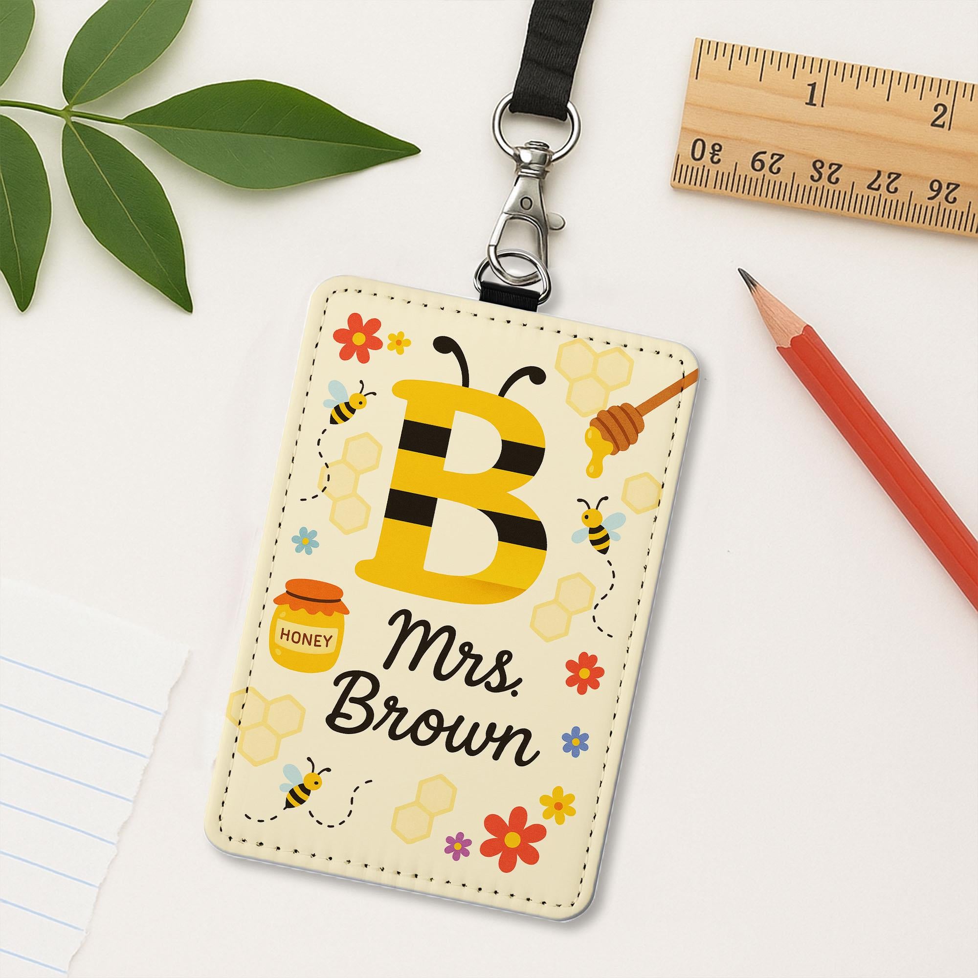 Bee Themed Teacher Badge Holder, Personalized Leather ID Tag, Cute Custom Back to School Gift, Teacher Honey Bee Lanyard