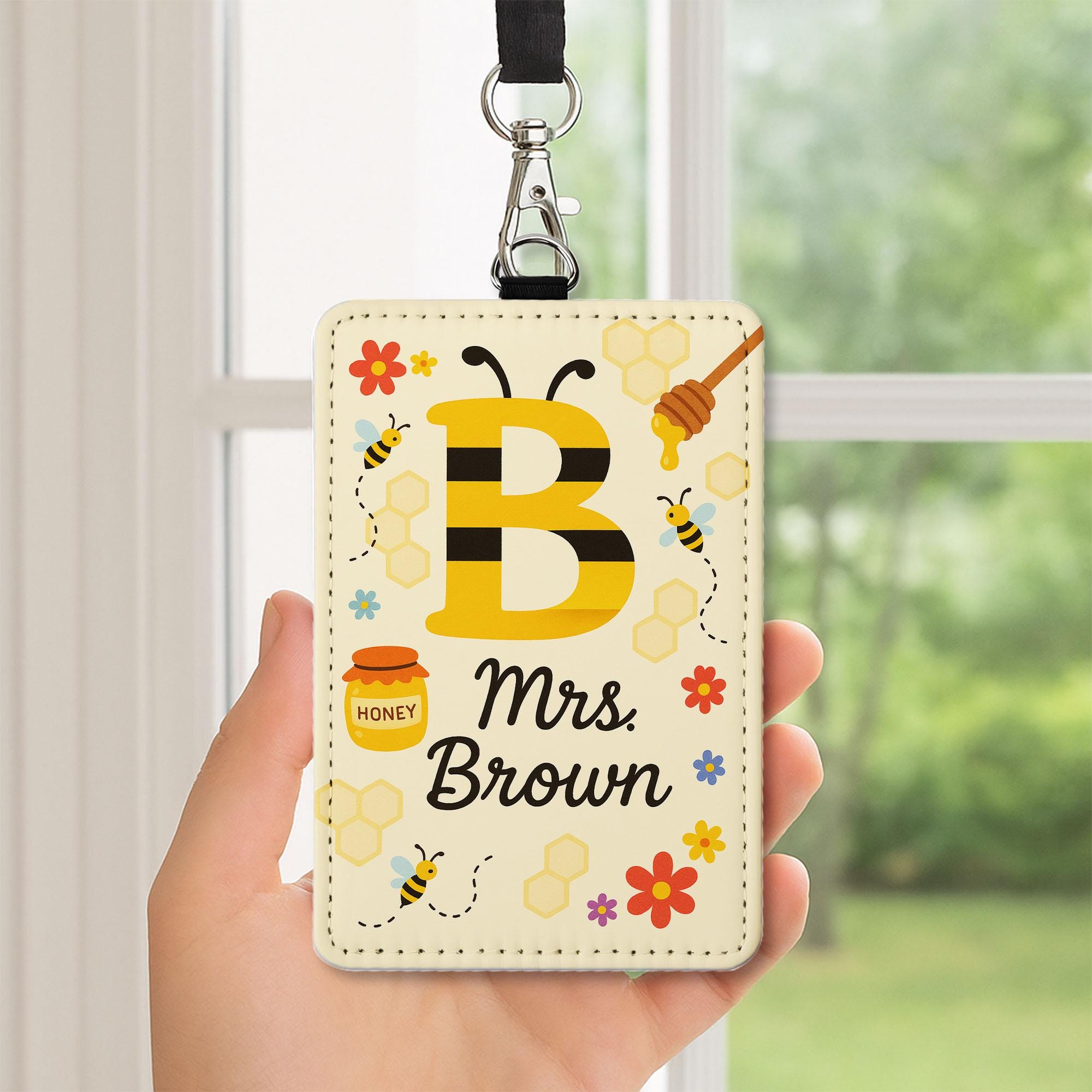 Bee Themed Teacher Badge Holder, Personalized Leather ID Tag, Cute Custom Back to School Gift, Teacher Honey Bee Lanyard