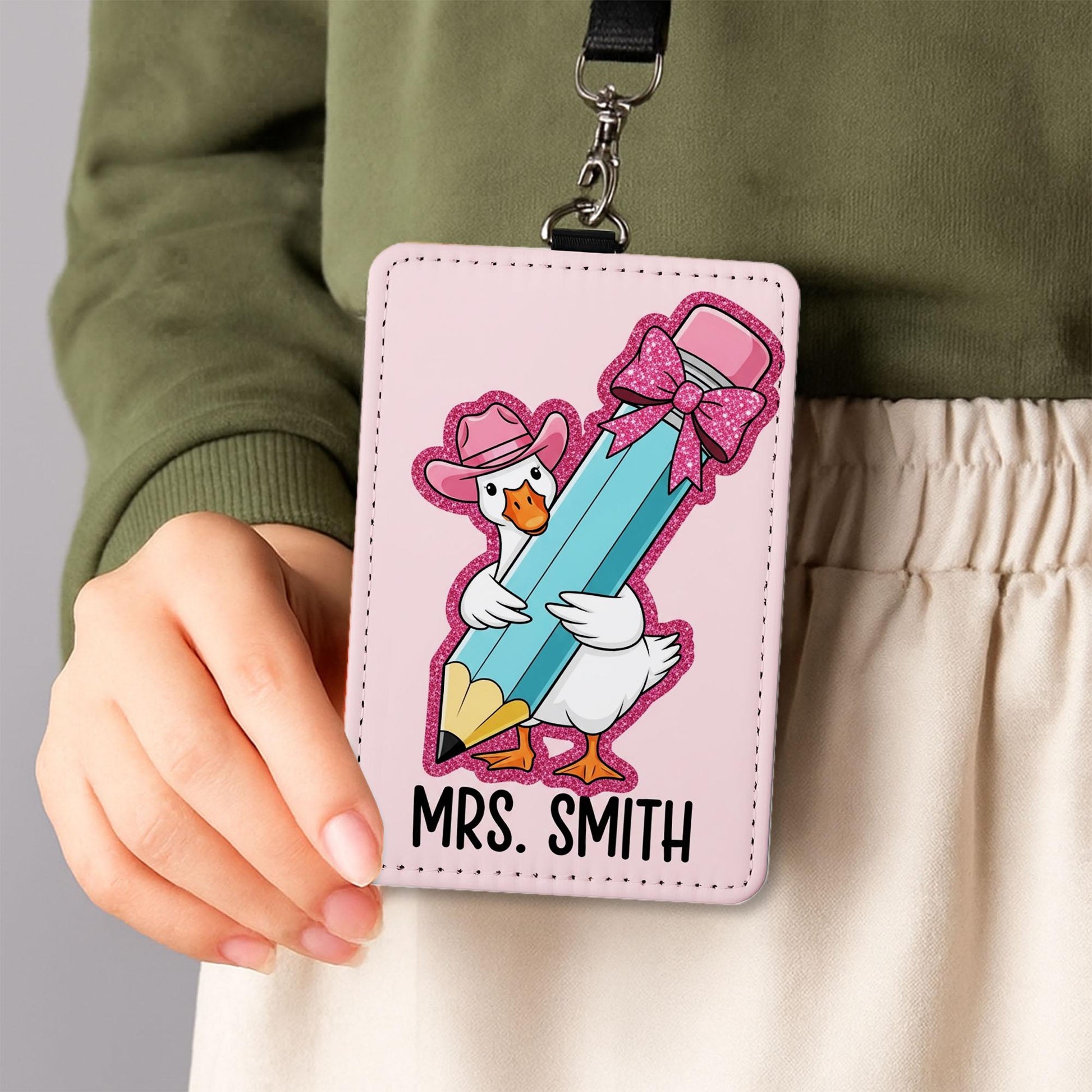 Silly Goose Teacher Badge Holder, Funny Cowboy Goose ID Tag, Personalized Leather Lanyard, Back to School Gift for Teacher