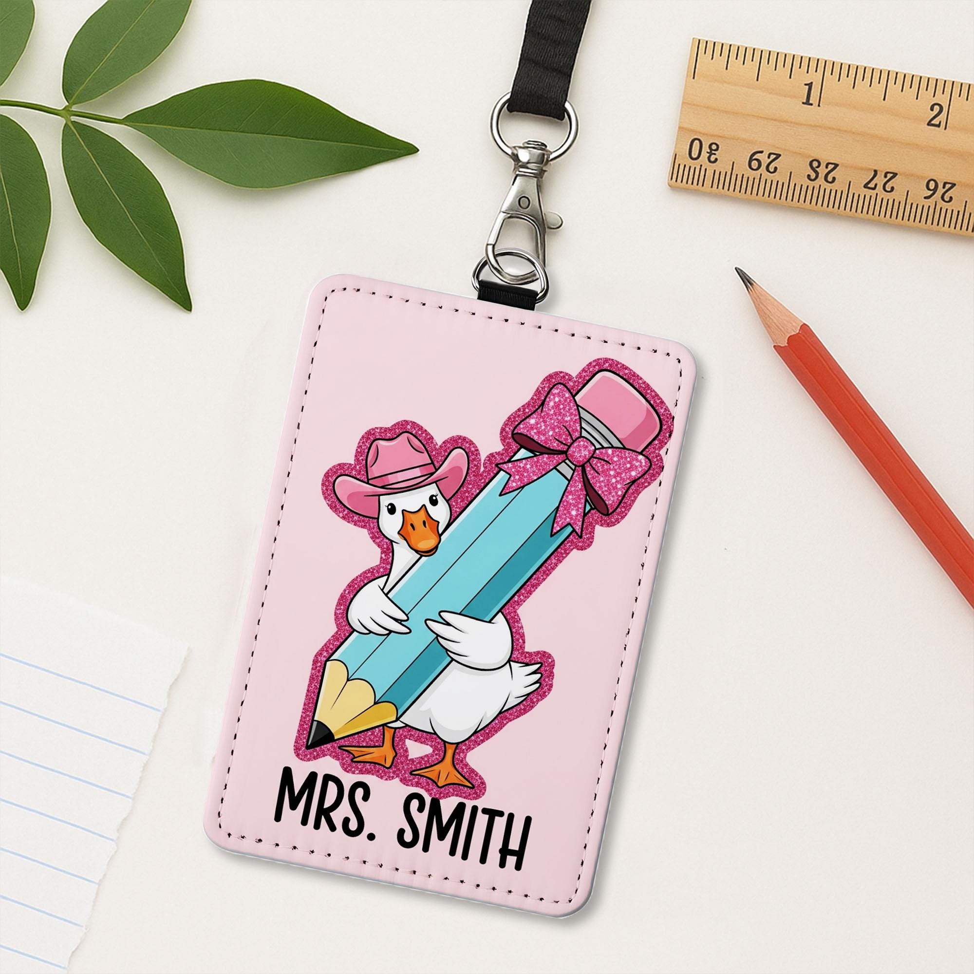 Silly Goose Teacher Badge Holder, Funny Cowboy Goose ID Tag, Personalized Leather Lanyard, Back to School Gift for Teacher