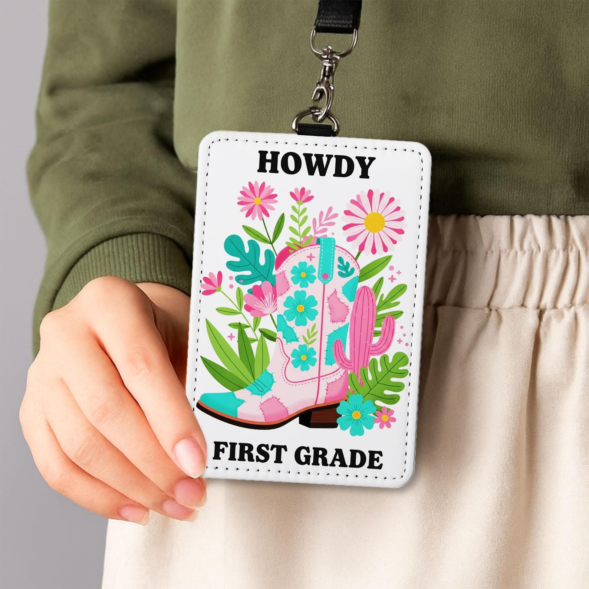 Howdy First Grade Badge Holder, Western Teacher ID Tag, Floral Cowgirl Boot Lanyard, Leather Name Tag, Back to School Gift