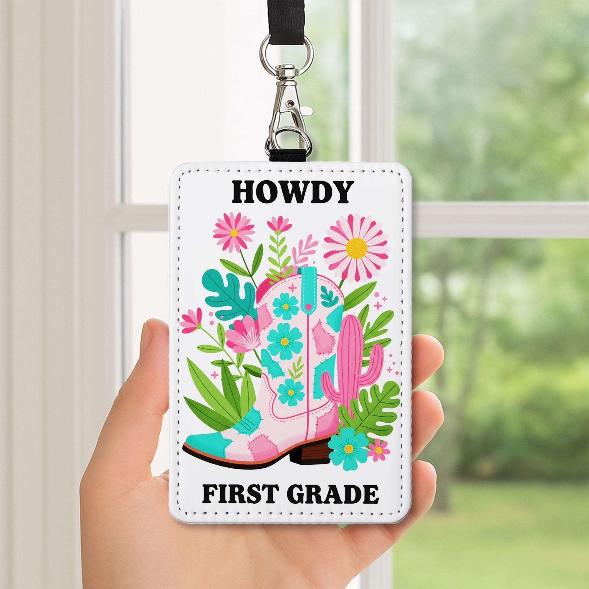 Howdy First Grade Badge Holder, Western Teacher ID Tag, Floral Cowgirl Boot Lanyard, Leather Name Tag, Back to School Gift