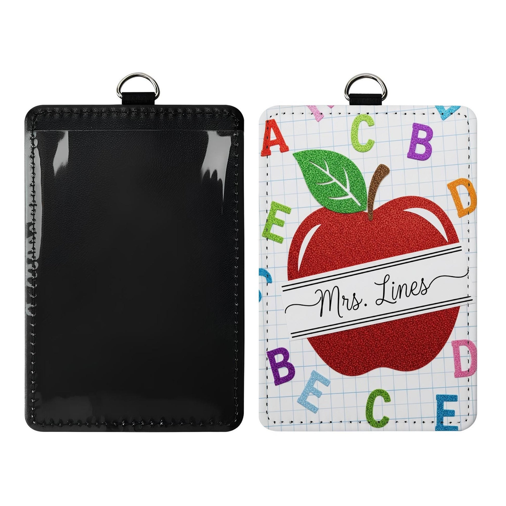 Personalized  Apple Teacher Badge Holder, ABC Name Tag, Faux Glitter Alphabet ID Lanyard, Leather Holder for Teacher , Back to School Gift