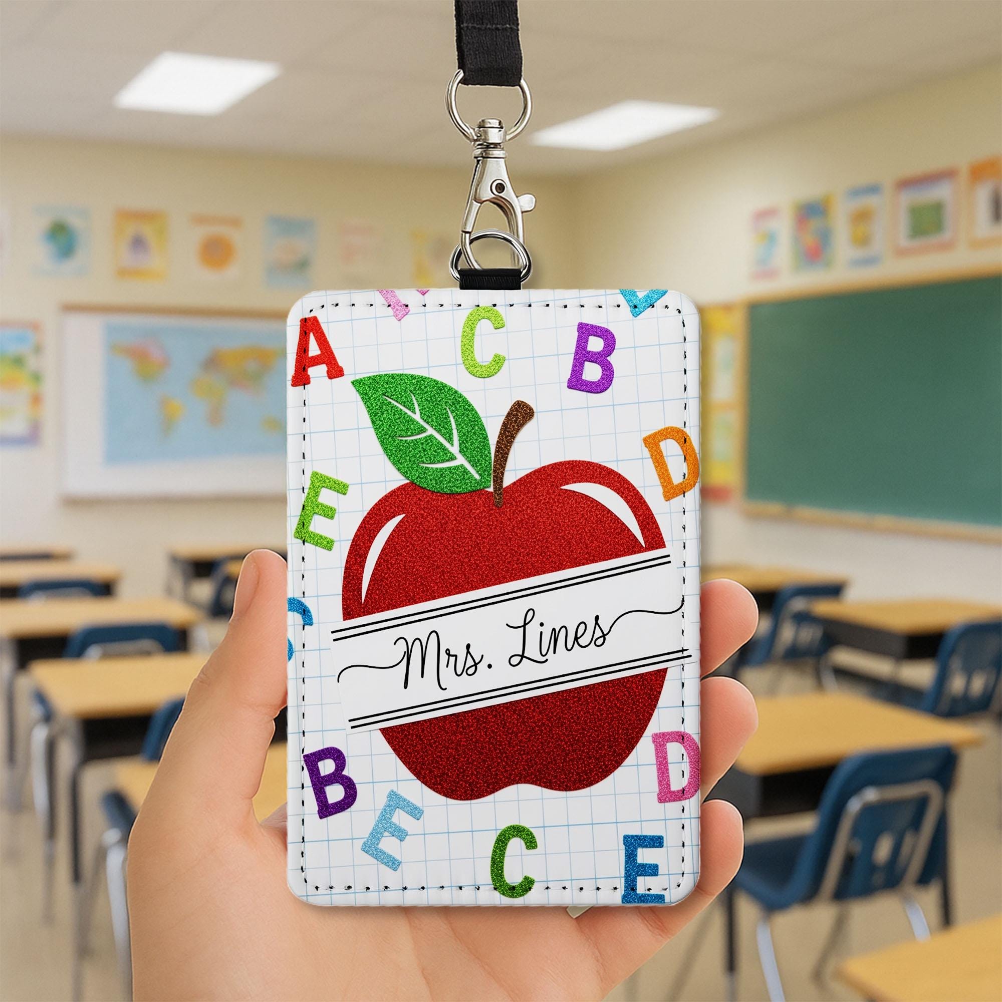 Personalized  Apple Teacher Badge Holder, ABC Name Tag, Faux Glitter Alphabet ID Lanyard, Leather Holder for Teacher , Back to School Gift