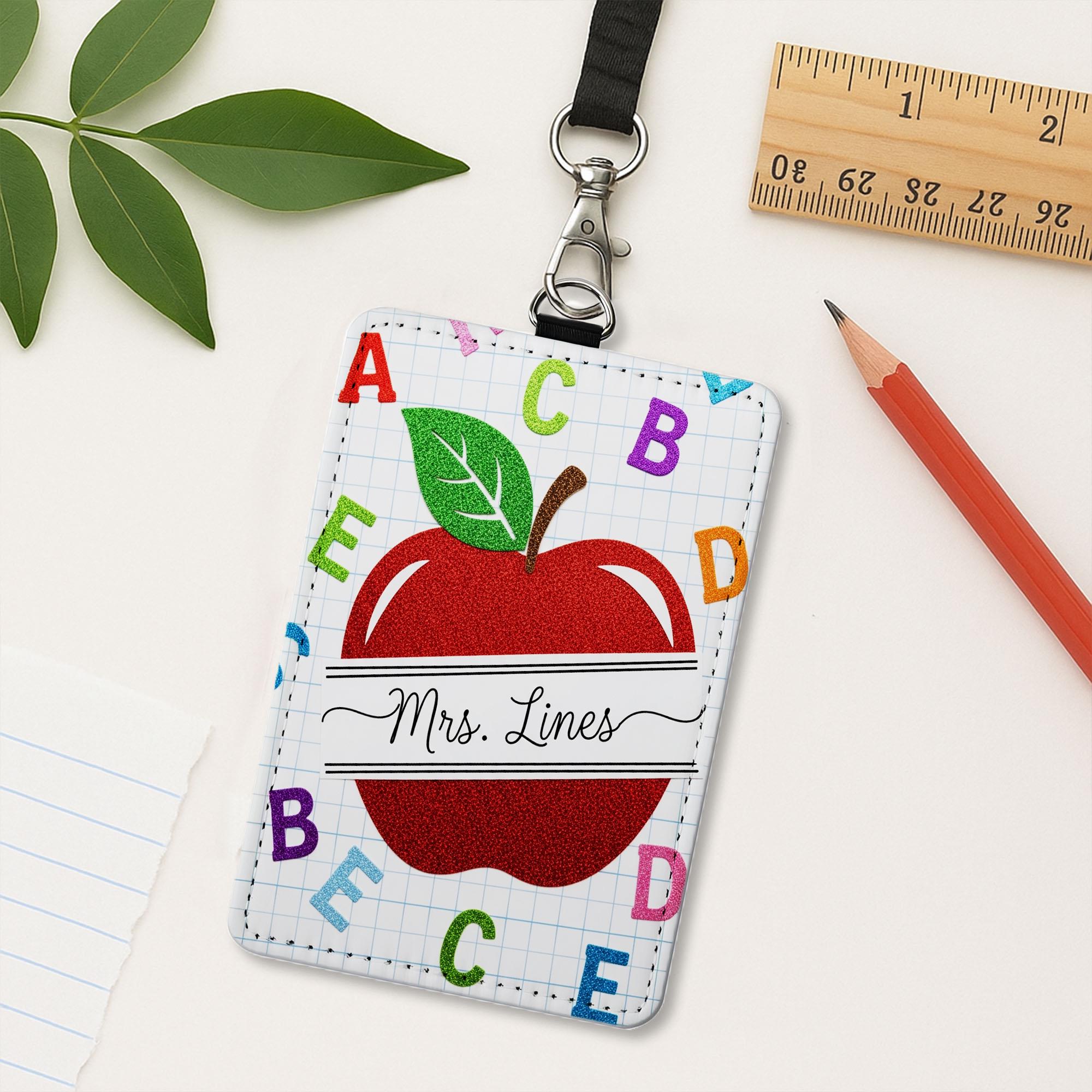 Personalized  Apple Teacher Badge Holder, ABC Name Tag, Faux Glitter Alphabet ID Lanyard, Leather Holder for Teacher , Back to School Gift