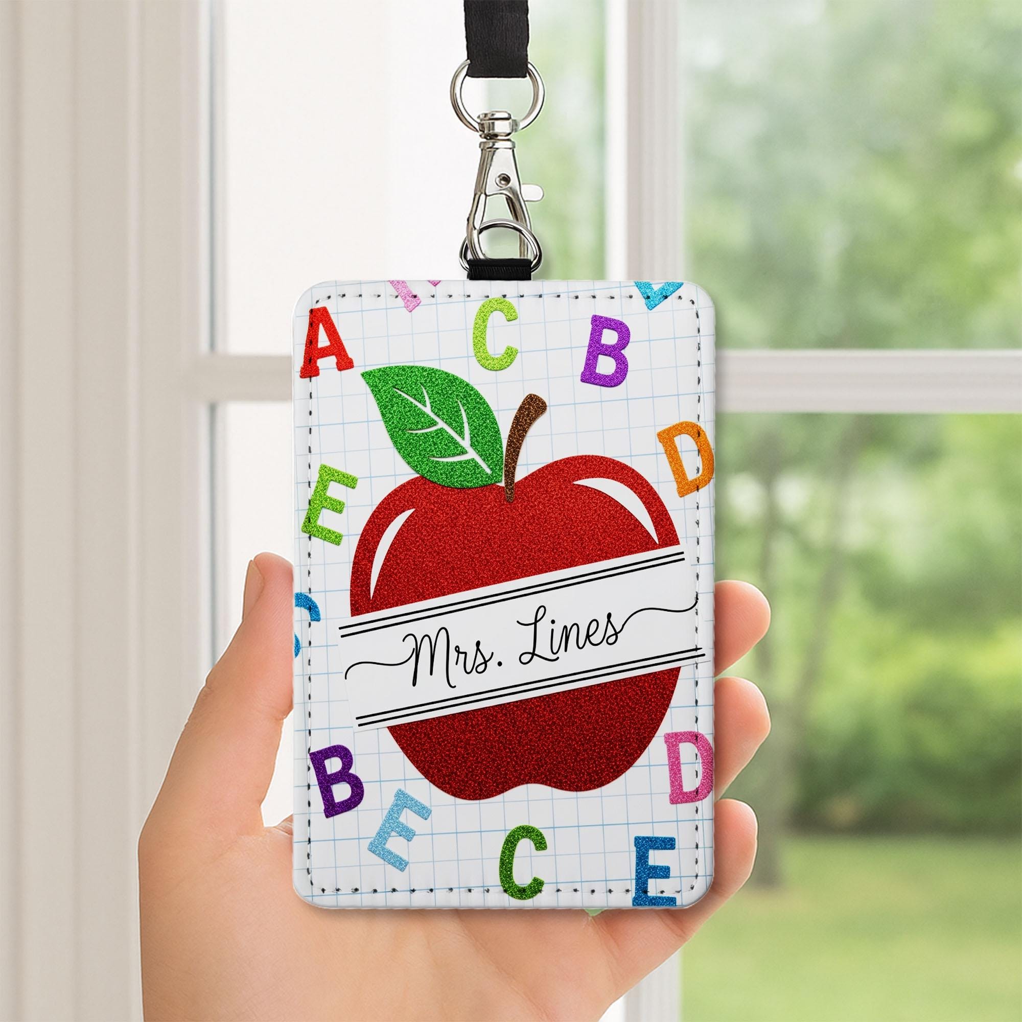 Personalized  Apple Teacher Badge Holder, ABC Name Tag, Faux Glitter Alphabet ID Lanyard, Leather Holder for Teacher , Back to School Gift