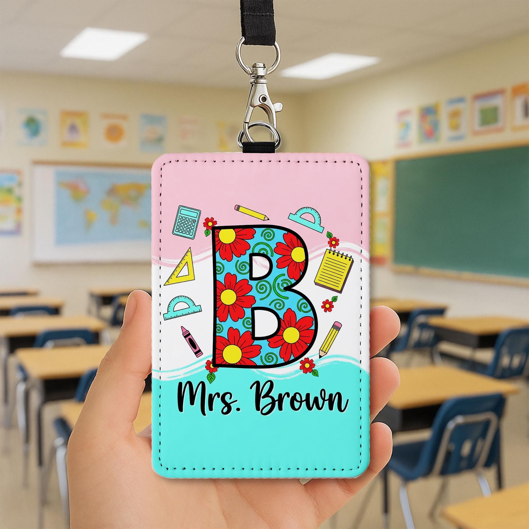 Personalized Letter Name Teacher Badge Holder, Floral Letter ID Tag, Custom Name Lanyard, Back to School Gift , Fun Classroom Style
