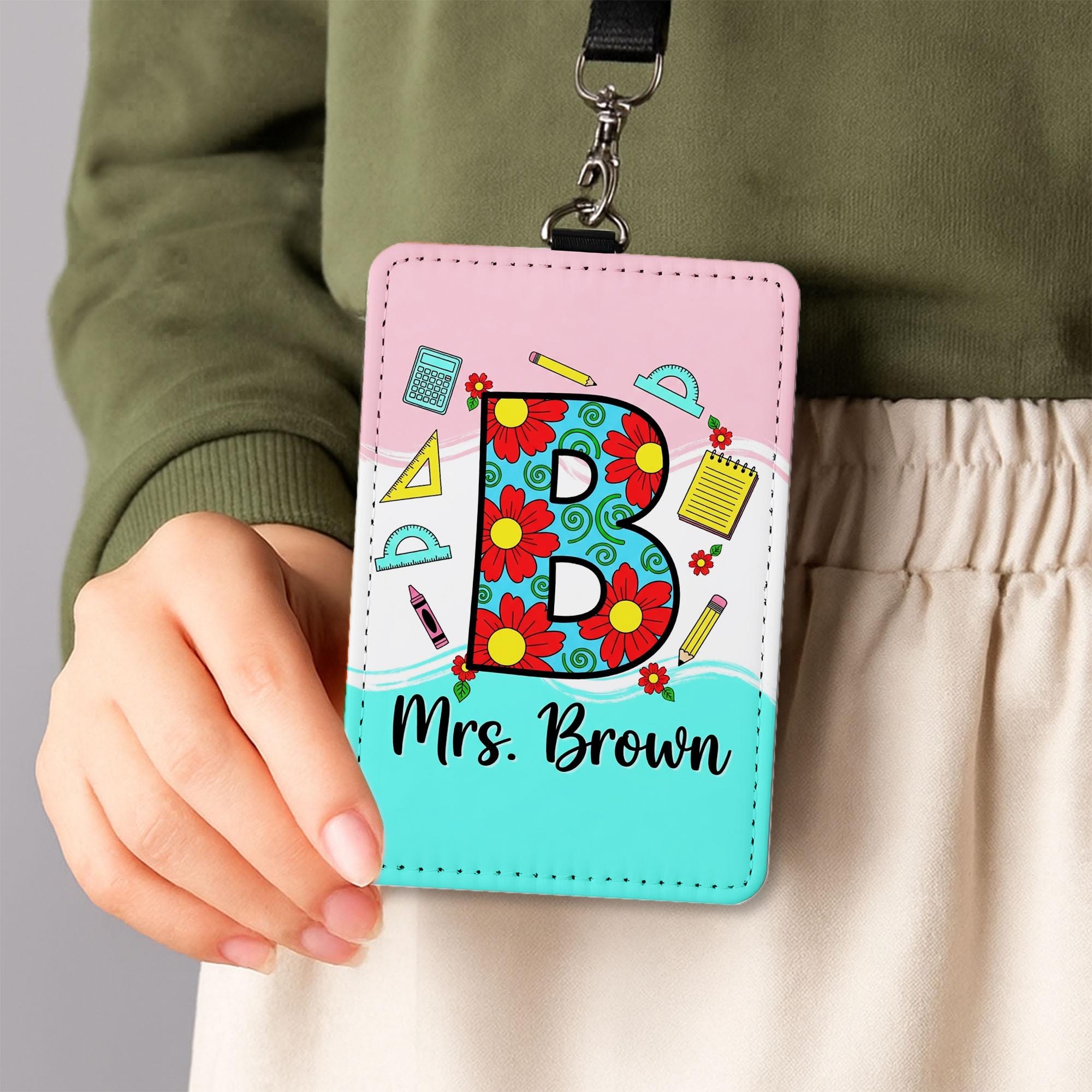 Personalized Letter Name Teacher Badge Holder, Floral Letter ID Tag, Custom Name Lanyard, Back to School Gift , Fun Classroom Style