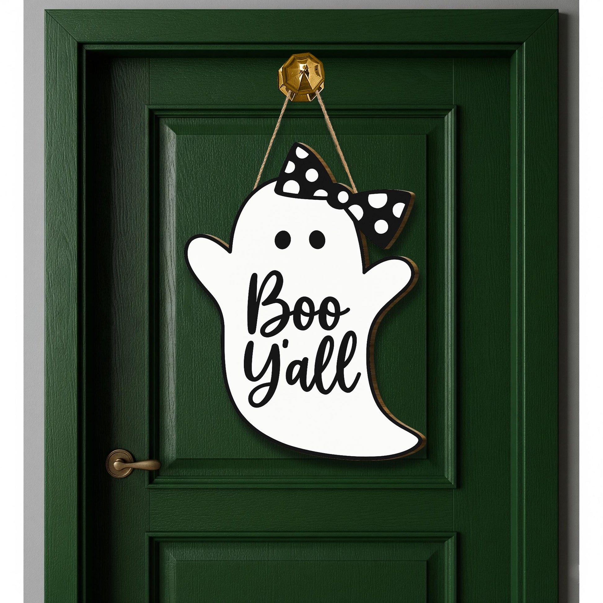 Boo Y’all Ghost Door Sign, Cute Halloween Porch Decor with Bow, Southern Halloween Wooden Hanging Sign, Rustic Ghost Wall Accent