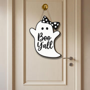 Boo Y’all Ghost Door Sign, Cute Halloween Porch Decor with Bow, Southern Halloween Wooden Hanging Sign, Rustic Ghost Wall Accent