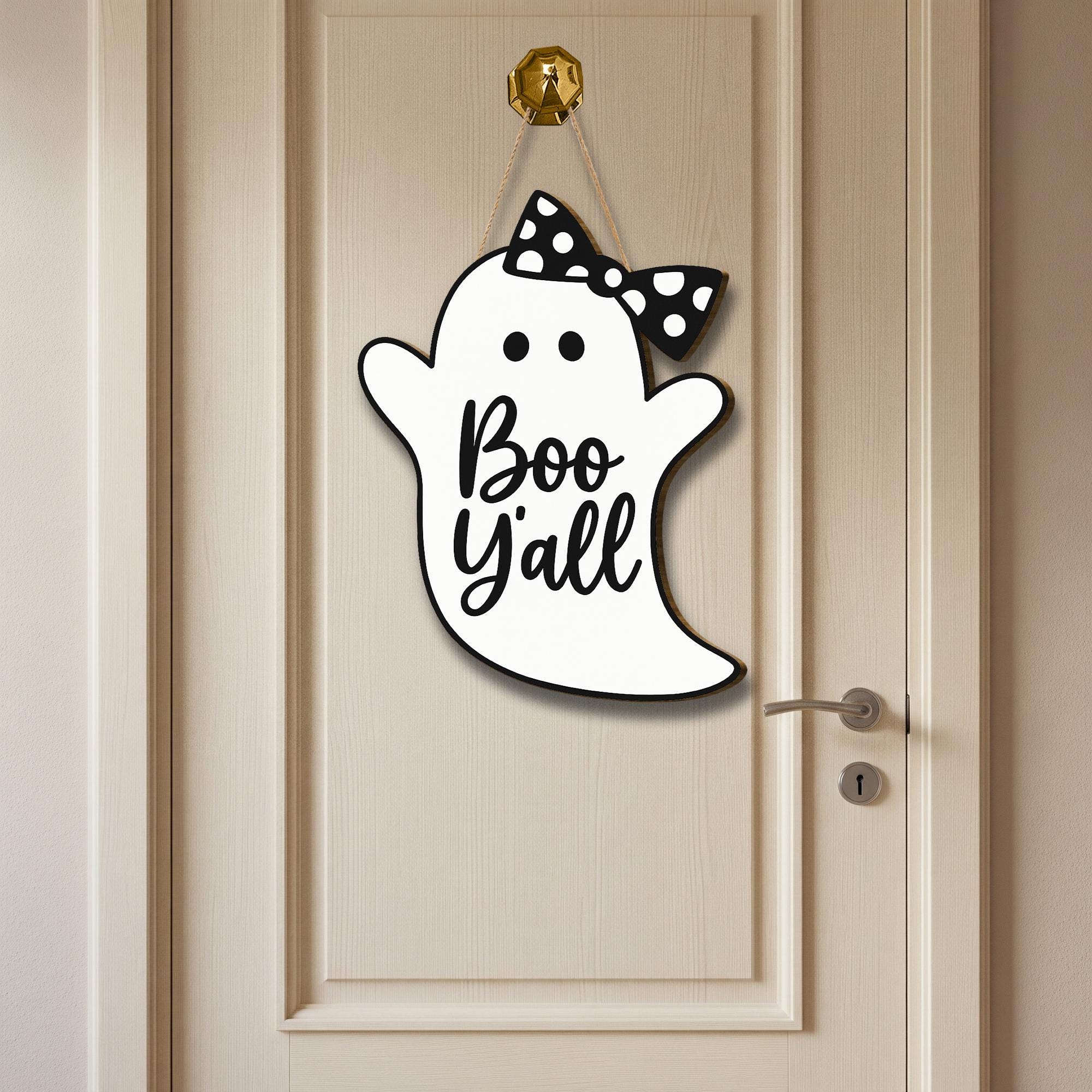 Boo Y’all Ghost Door Sign, Cute Halloween Porch Decor with Bow, Southern Halloween Wooden Hanging Sign, Rustic Ghost Wall Accent