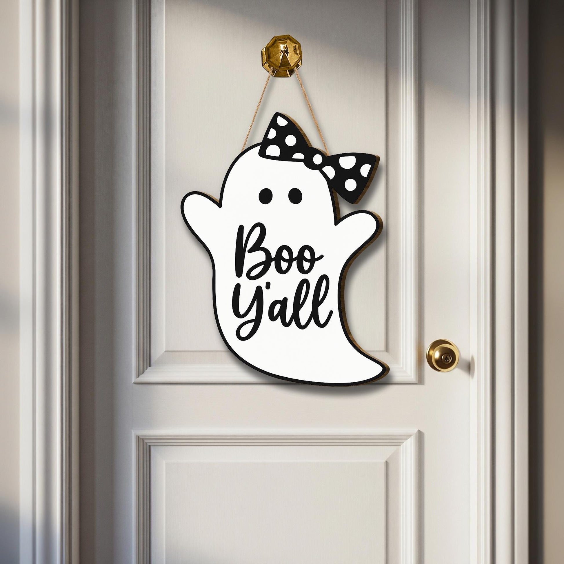 Boo Y’all Ghost Door Sign, Cute Halloween Porch Decor with Bow, Southern Halloween Wooden Hanging Sign, Rustic Ghost Wall Accent