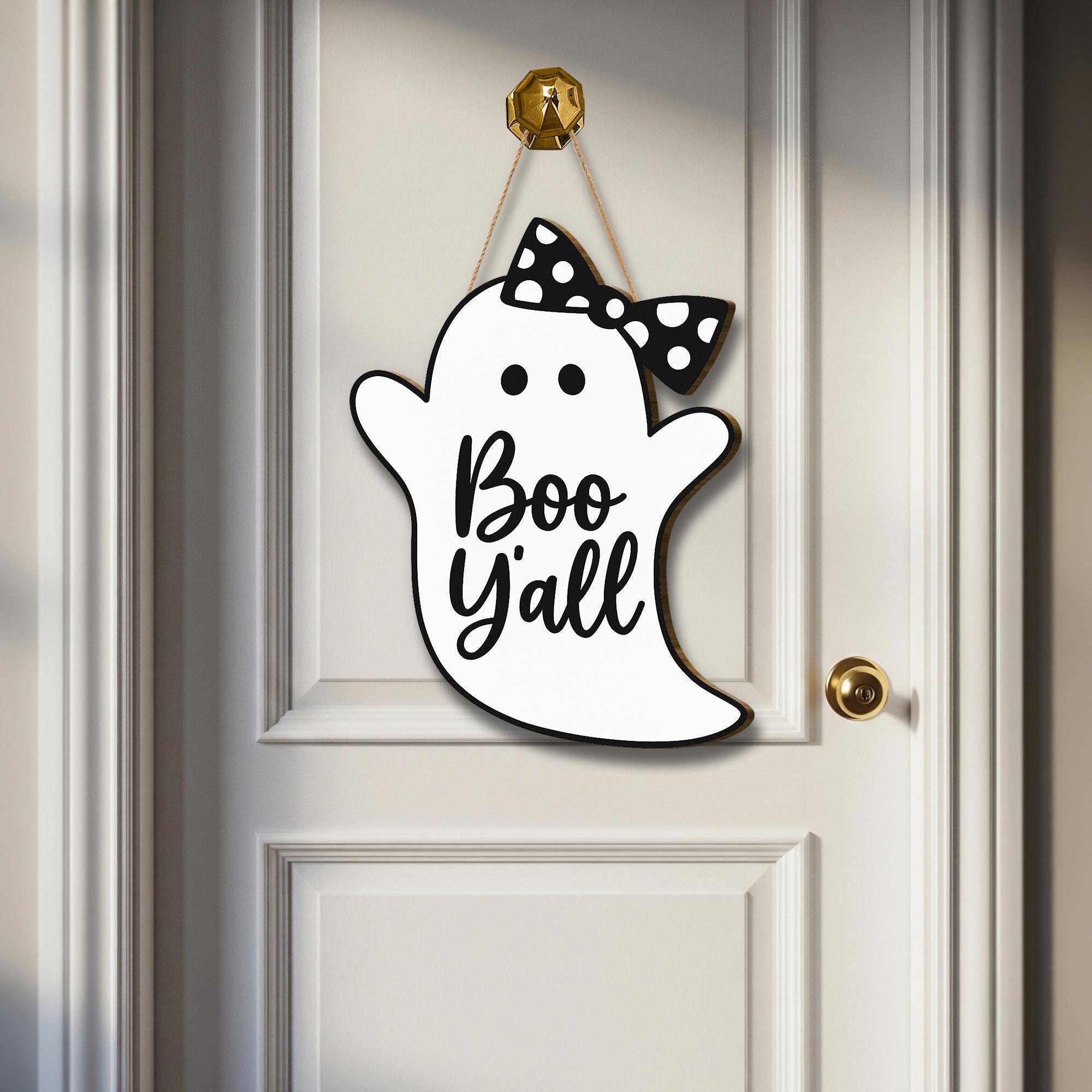 Boo Y’all Ghost Door Sign, Cute Halloween Porch Decor with Bow, Southern Halloween Wooden Hanging Sign, Rustic Ghost Wall Accent