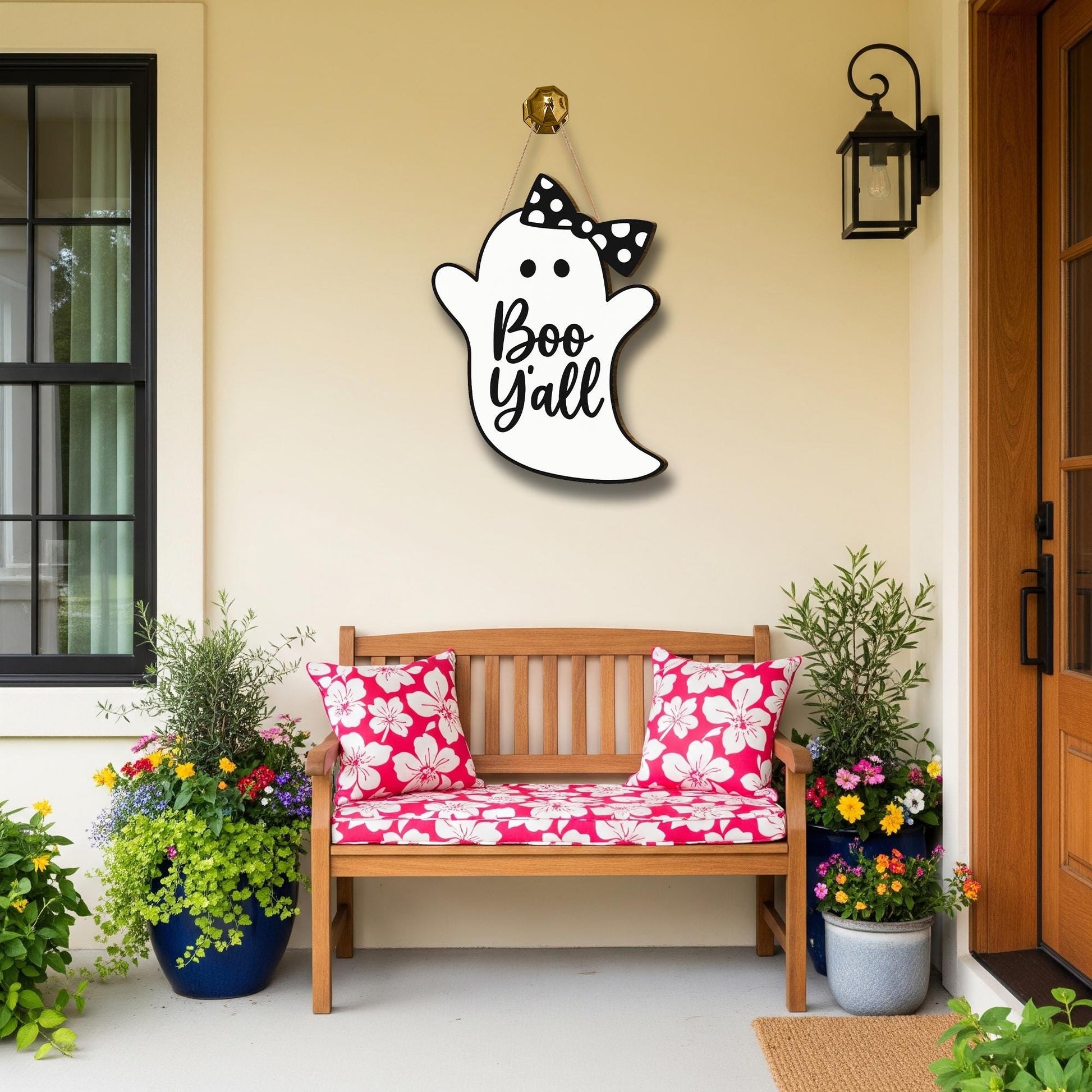 Boo Y’all Ghost Door Sign, Cute Halloween Porch Decor with Bow, Southern Halloween Wooden Hanging Sign, Rustic Ghost Wall Accent