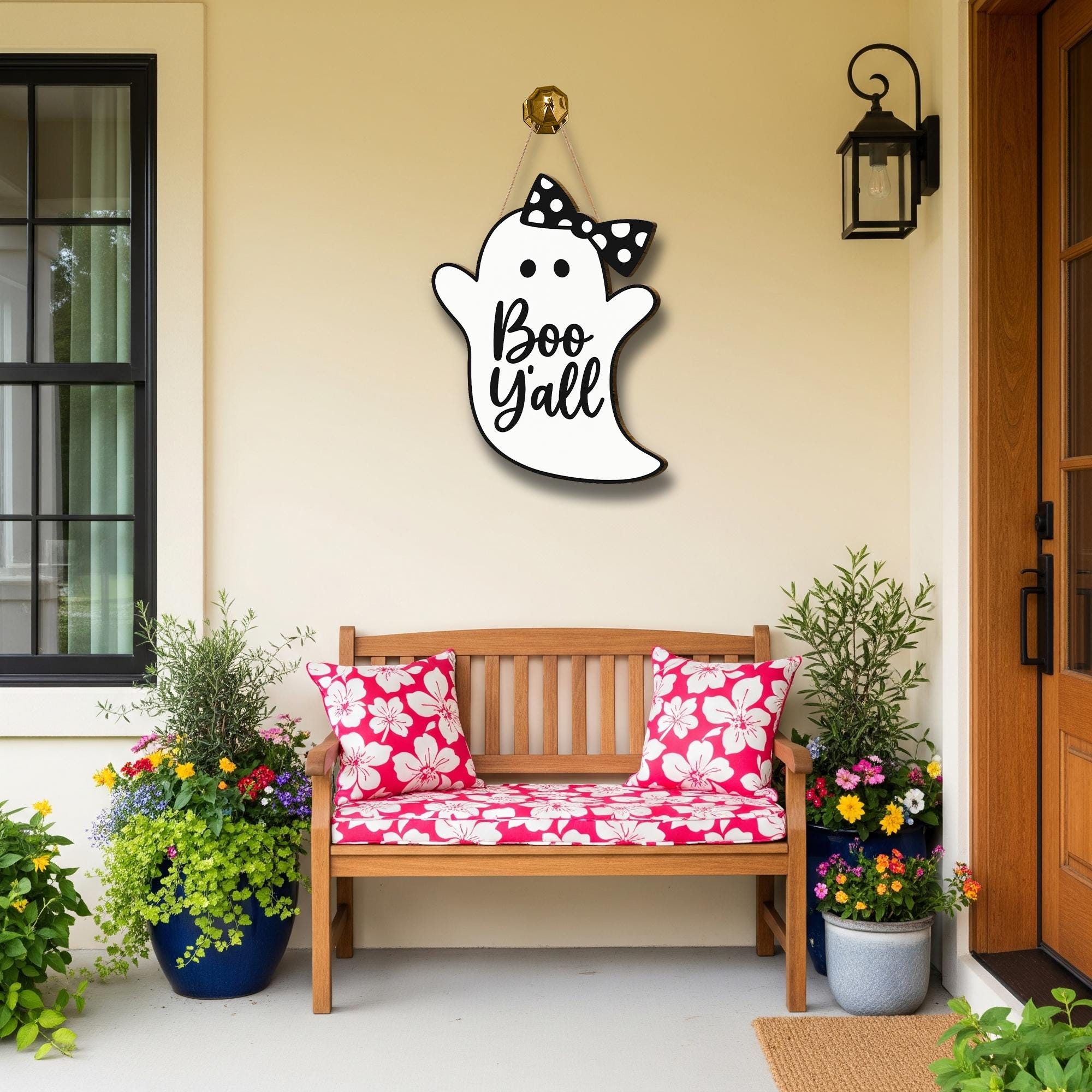 Boo Y’all Ghost Door Sign, Cute Halloween Porch Decor with Bow, Southern Halloween Wooden Hanging Sign, Rustic Ghost Wall Accent