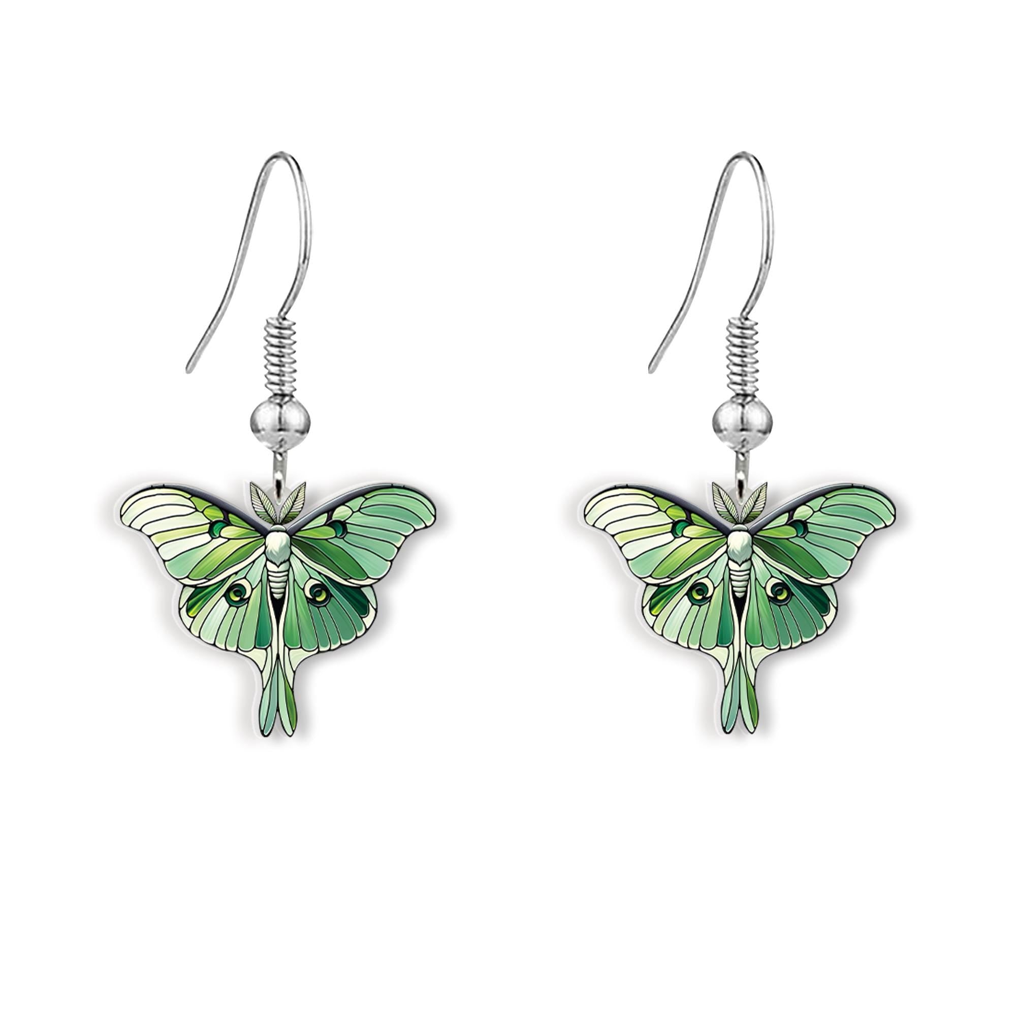 Luna Moth Earrings, Nature-Inspired Green Moth Jewelry, Lightweight Acrylic Woodland Dangle Earrings, Cottagecore Fairycore Gift