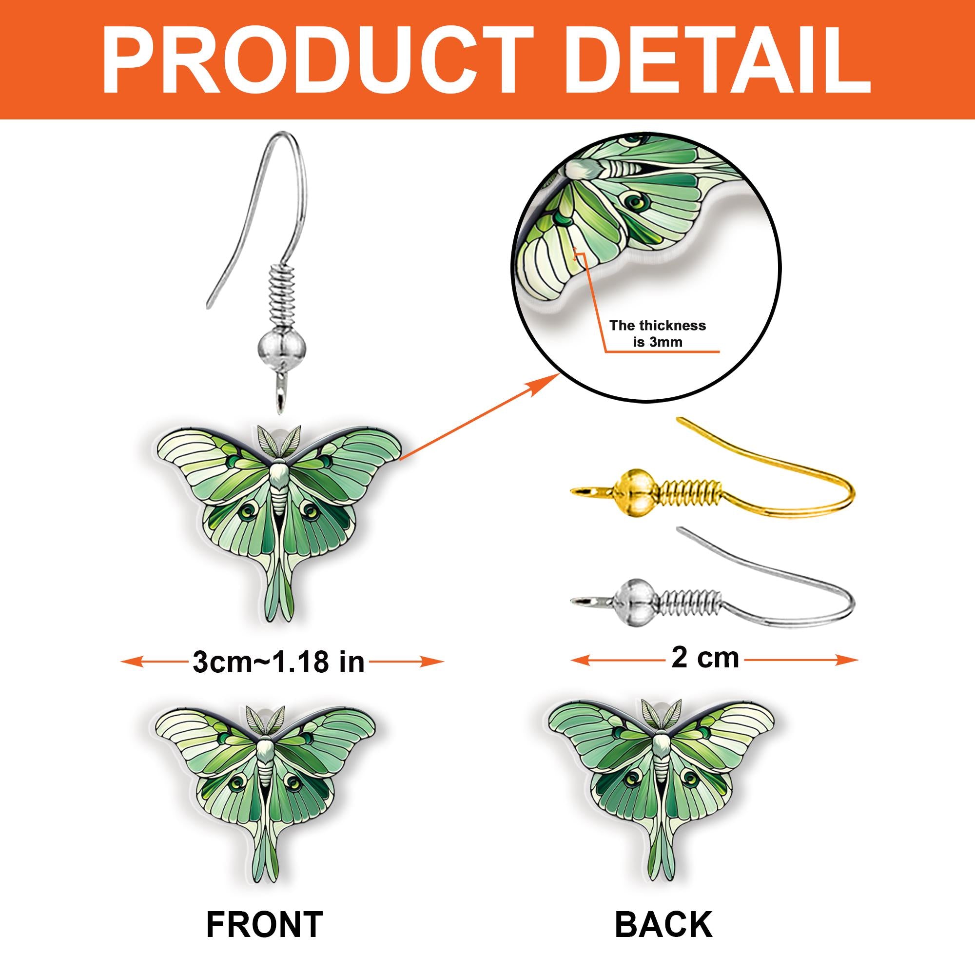 Luna Moth Earrings, Nature-Inspired Green Moth Jewelry, Lightweight Acrylic Woodland Dangle Earrings, Cottagecore Fairycore Gift