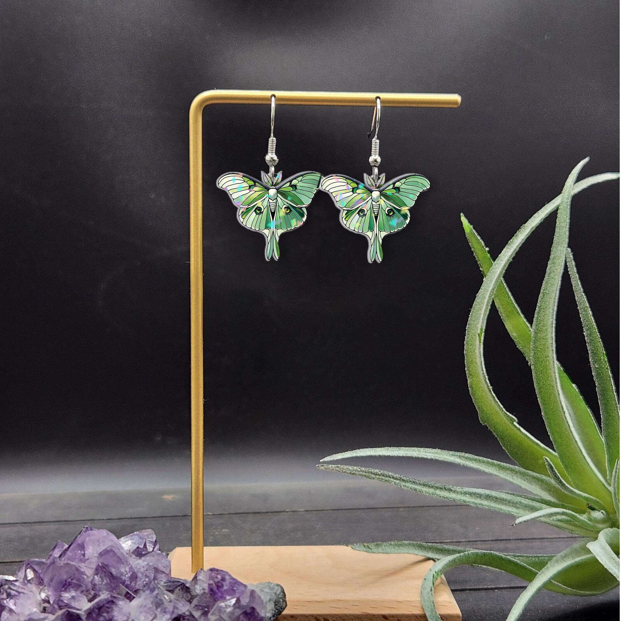 Luna Moth Earrings, Nature-Inspired Green Moth Jewelry, Lightweight Acrylic Woodland Dangle Earrings, Cottagecore Fairycore Gift